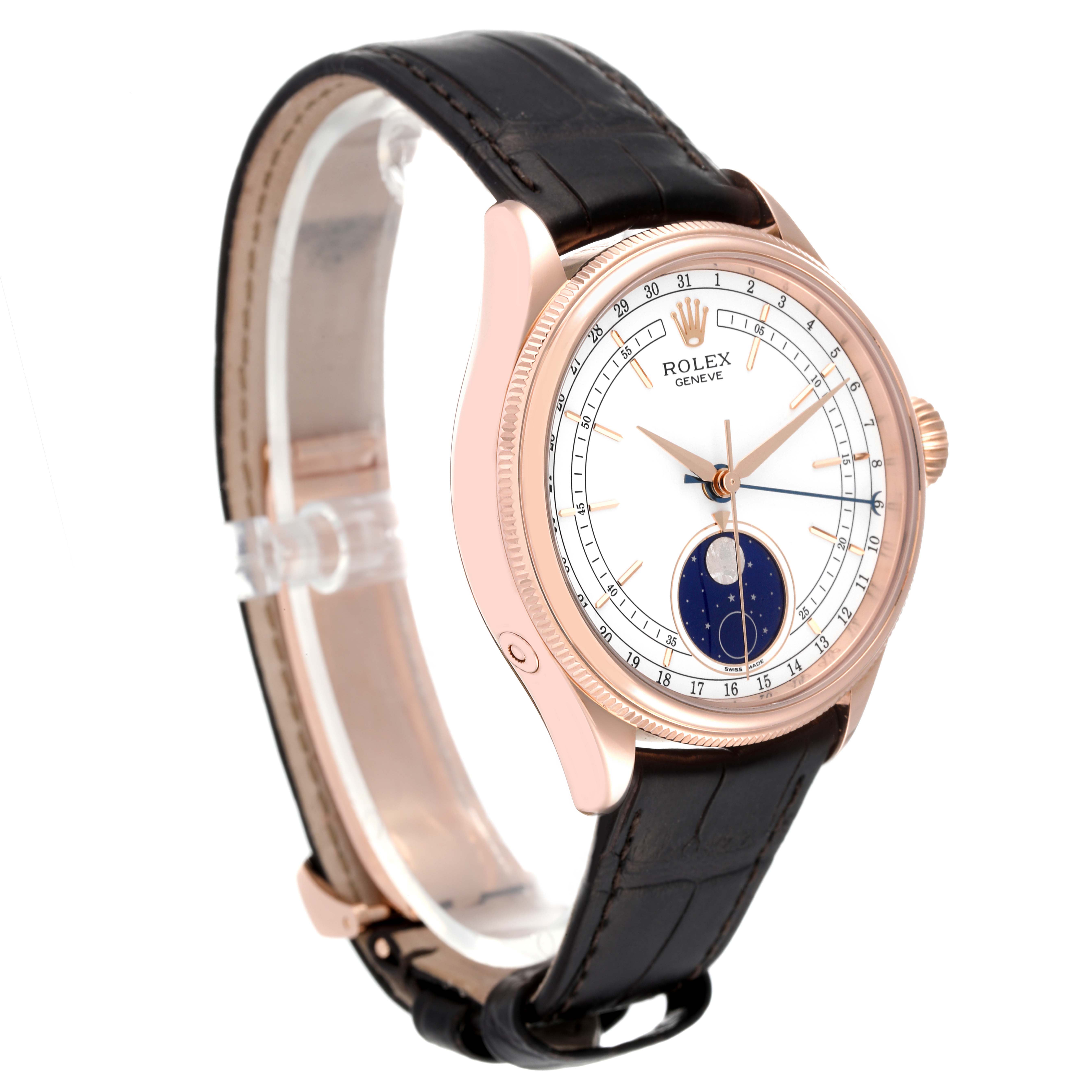 This image shows the Rolex Cellini 50535 Men
s Rose Gold White Dial 50535 Men
s Rose Gold White Dial watch at a slight left-side angle, displaying the face, bezel, and leather strap.