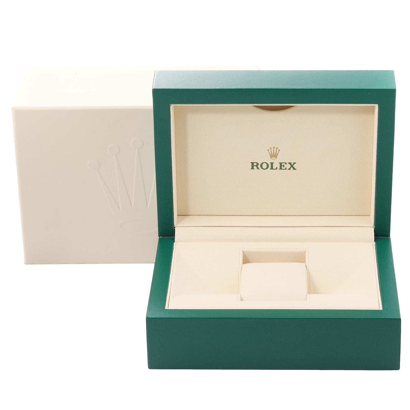 The image shows an open green and beige Rolex Cellini 50535 Men
s Rose Gold White Dial 50535 Men
s Rose Gold White Dial watch box, viewed from the front.
