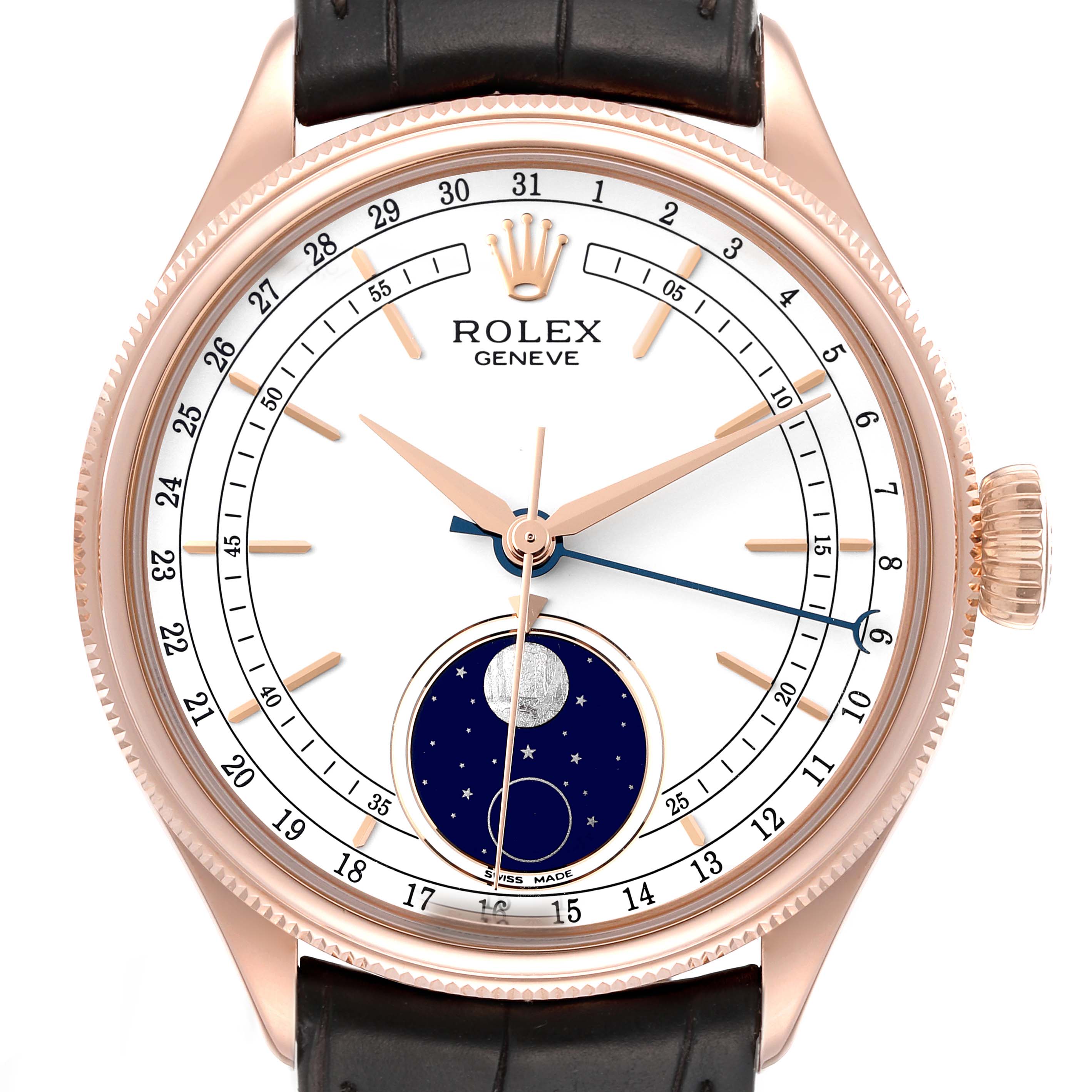 This image shows a head-on view of the Rolex Cellini 50535 Men
s Rose Gold White Dial 50535 Men
s Rose Gold White Dial watch, highlighting its dial, crown, and leather strap.