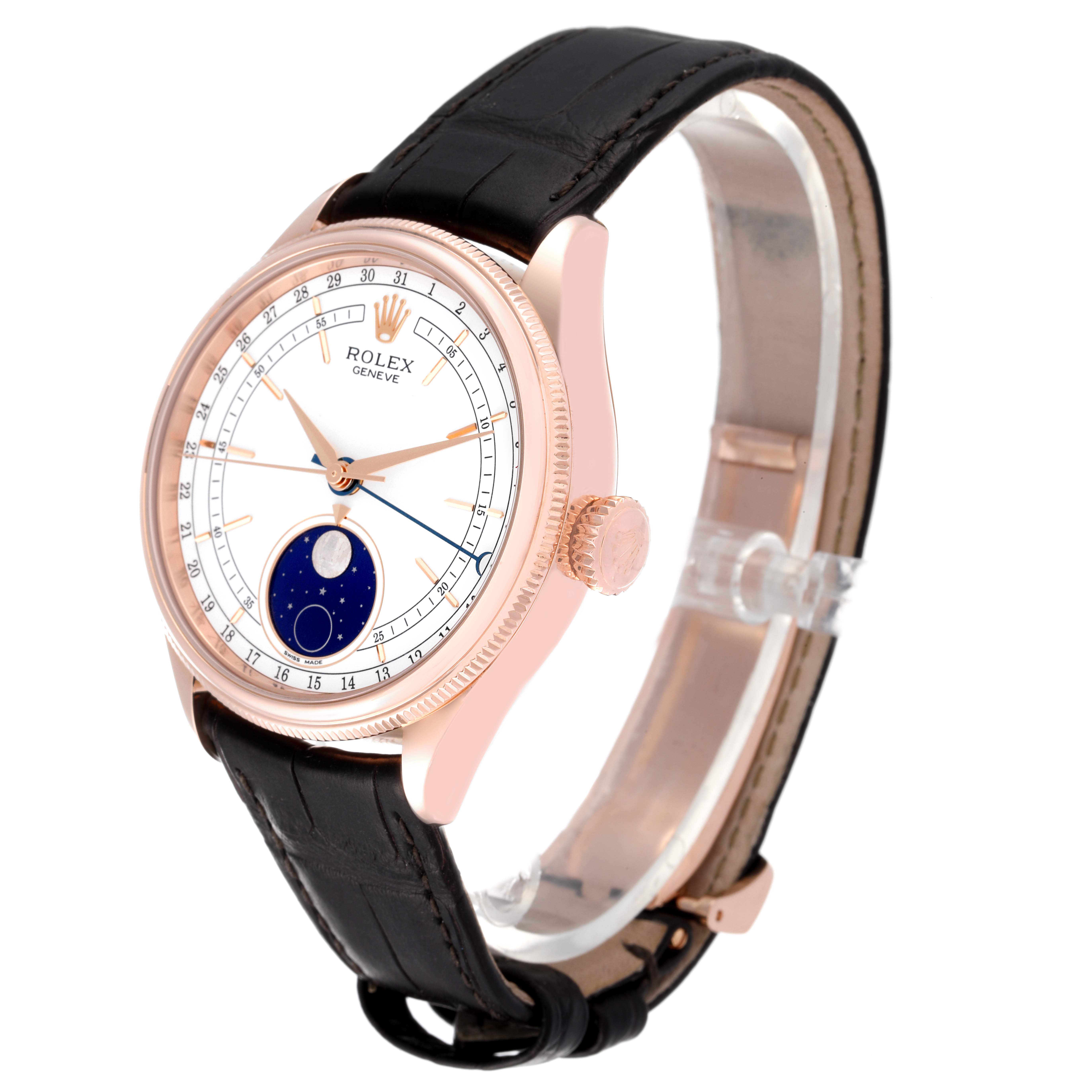 The Rolex Cellini 50535 Men
s Rose Gold White Dial 50535 Men
s Rose Gold White Dial watch is shown at an angle, highlighting the face, bezel, crown, and leather strap.