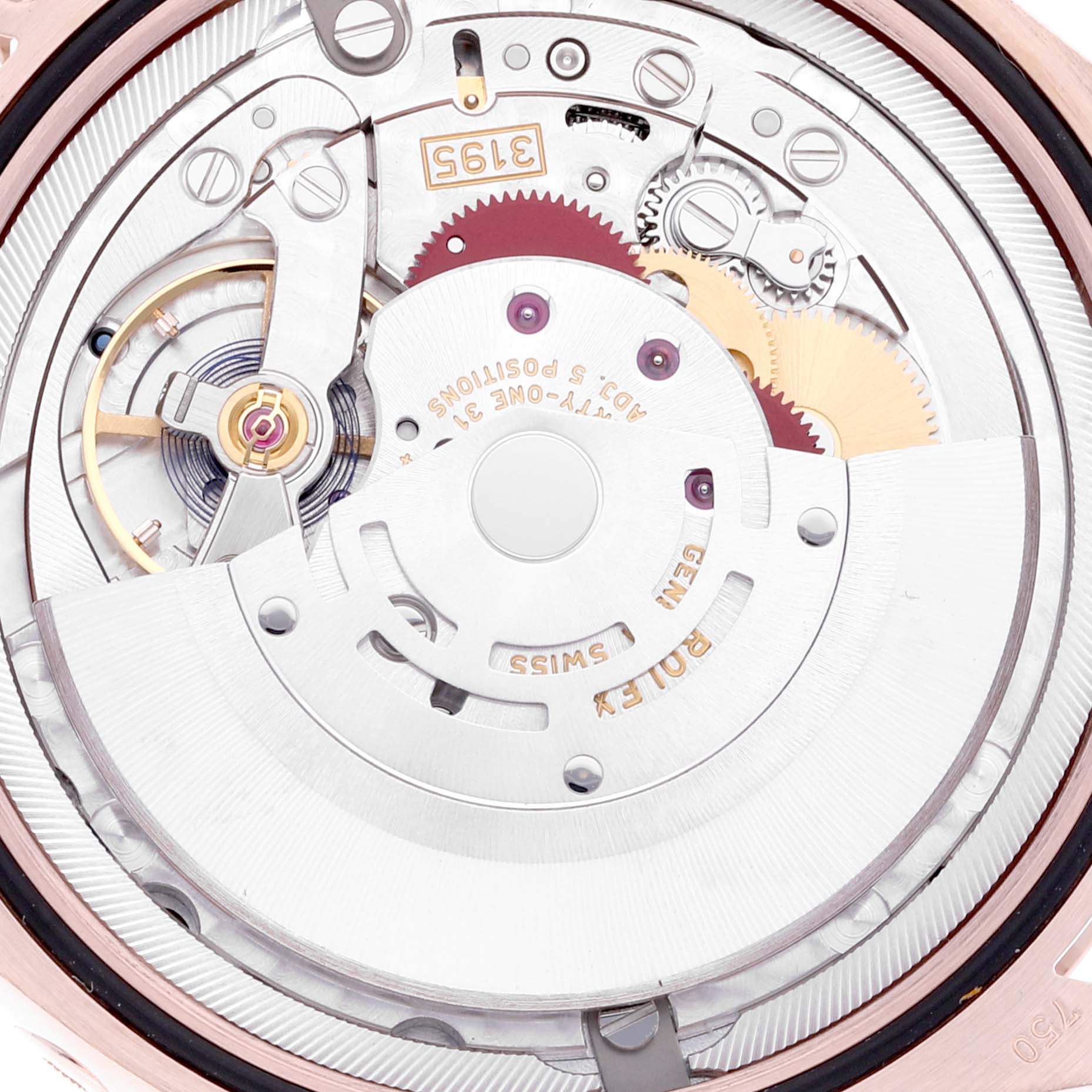 This is a close-up view of the movement and internal mechanism of a Rolex Cellini 50535 Men
s Rose Gold White Dial 50535 Men
s Rose Gold White Dial watch.