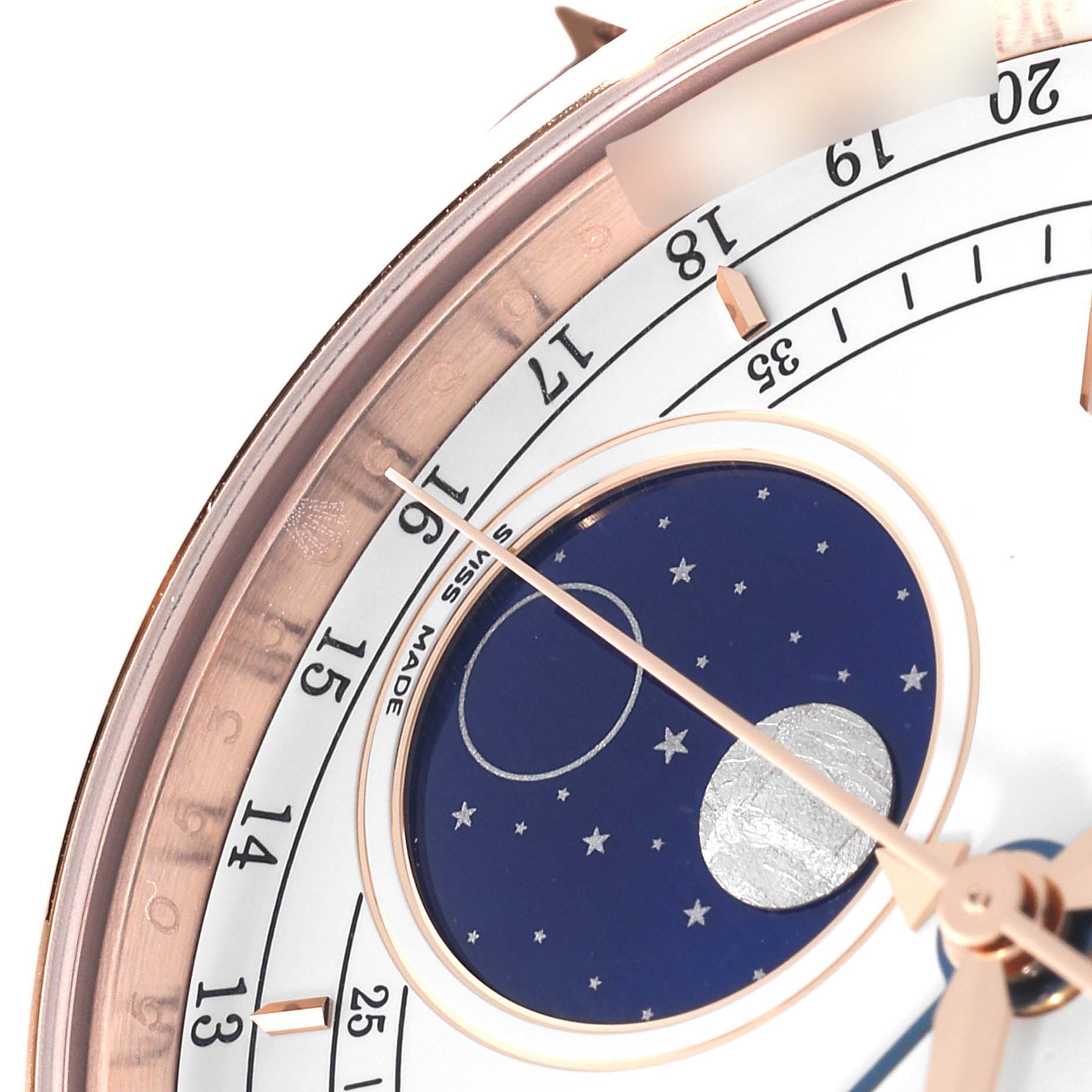 The image shows a close-up of the Rolex Cellini 50535 Men
s Rose Gold White Dial 50535 Men
s Rose Gold White Dial watch face, highlighting the moonphase indicator and a portion of the date scale.