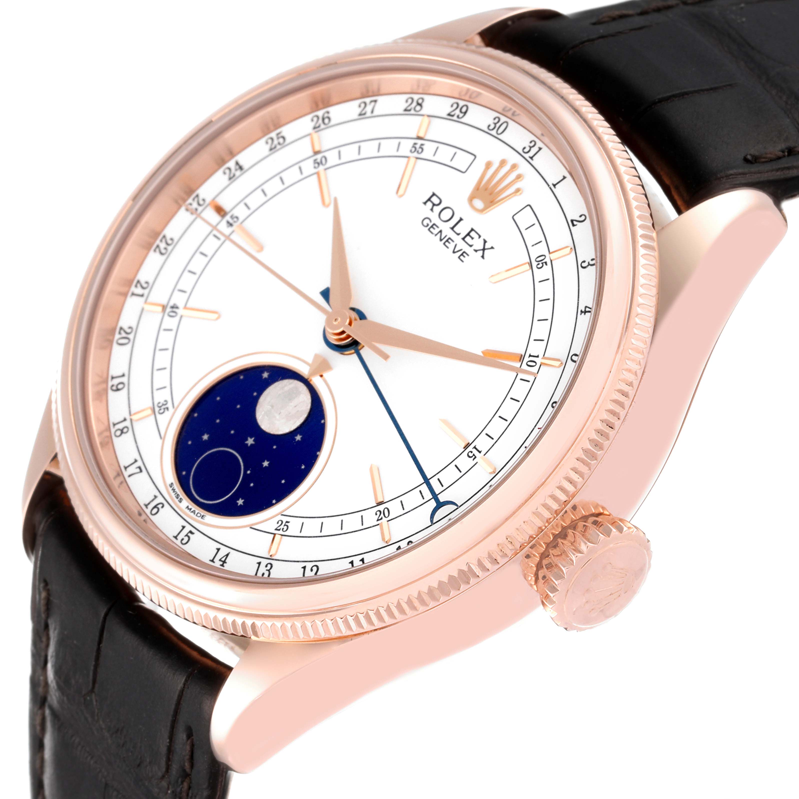 The image shows a close-up angle of the Rolex Cellini 50535 Men
s Rose Gold White Dial 50535 Men
s Rose Gold White Dial watch, highlighting the dial, hands, bezel, and crown.