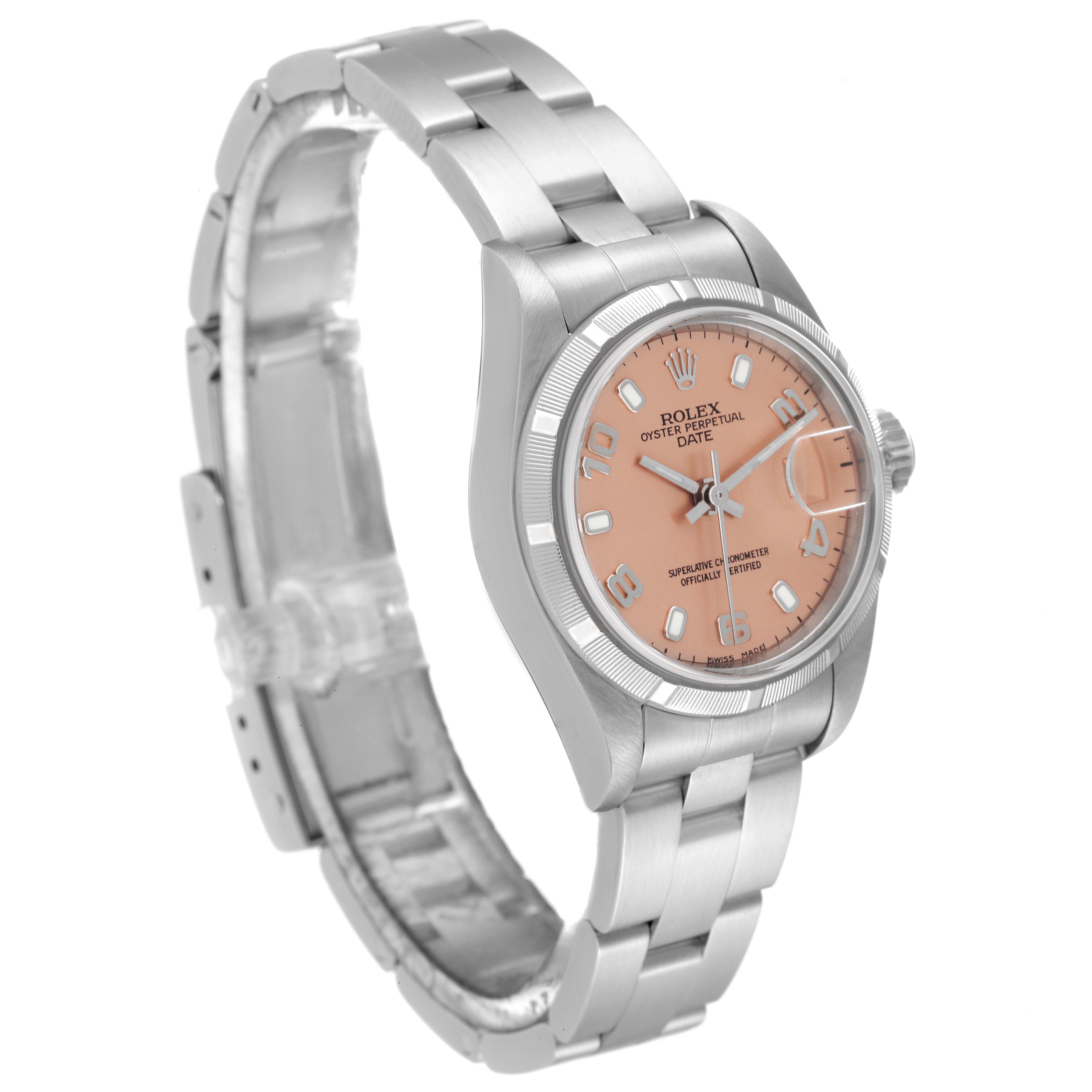 The image shows a Rolex Date 79190 Women
s Stainless Steel Pink Dial 79190 Women
s Stainless Steel Pink Dial model watch at a three-quarter angle, highlighting its face, bezel, and stainless steel bracelet.