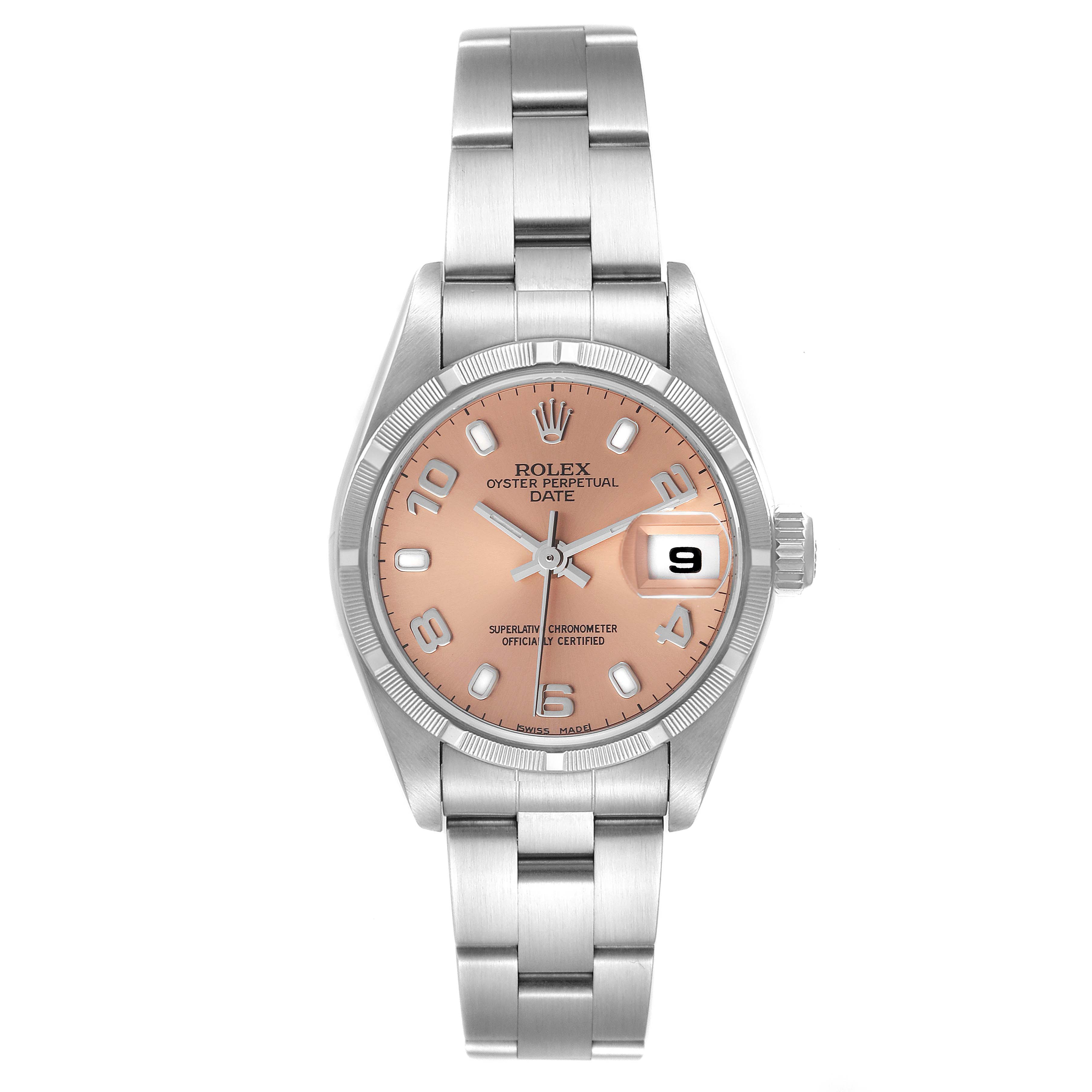 The image shows a front view of the Rolex Date 79190 Women
s Stainless Steel Pink Dial 79190 Women
s Stainless Steel Pink Dial model, displaying its face, bracelet, and date window.