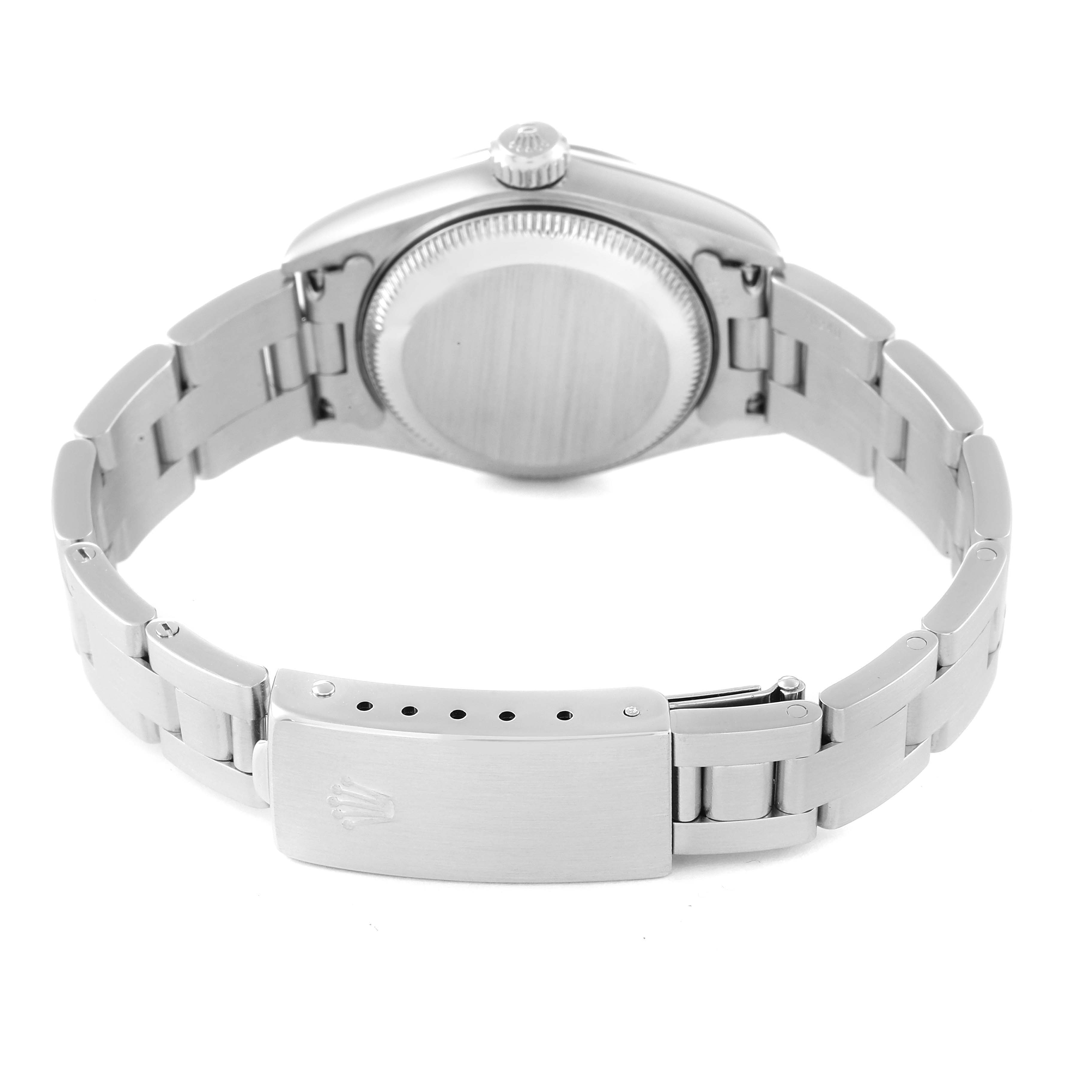 The image shows the back view of a Rolex Date 79190 Women
s Stainless Steel Pink Dial 79190 Women
s Stainless Steel Pink Dial model watch, focusing on the case back and bracelet clasp.