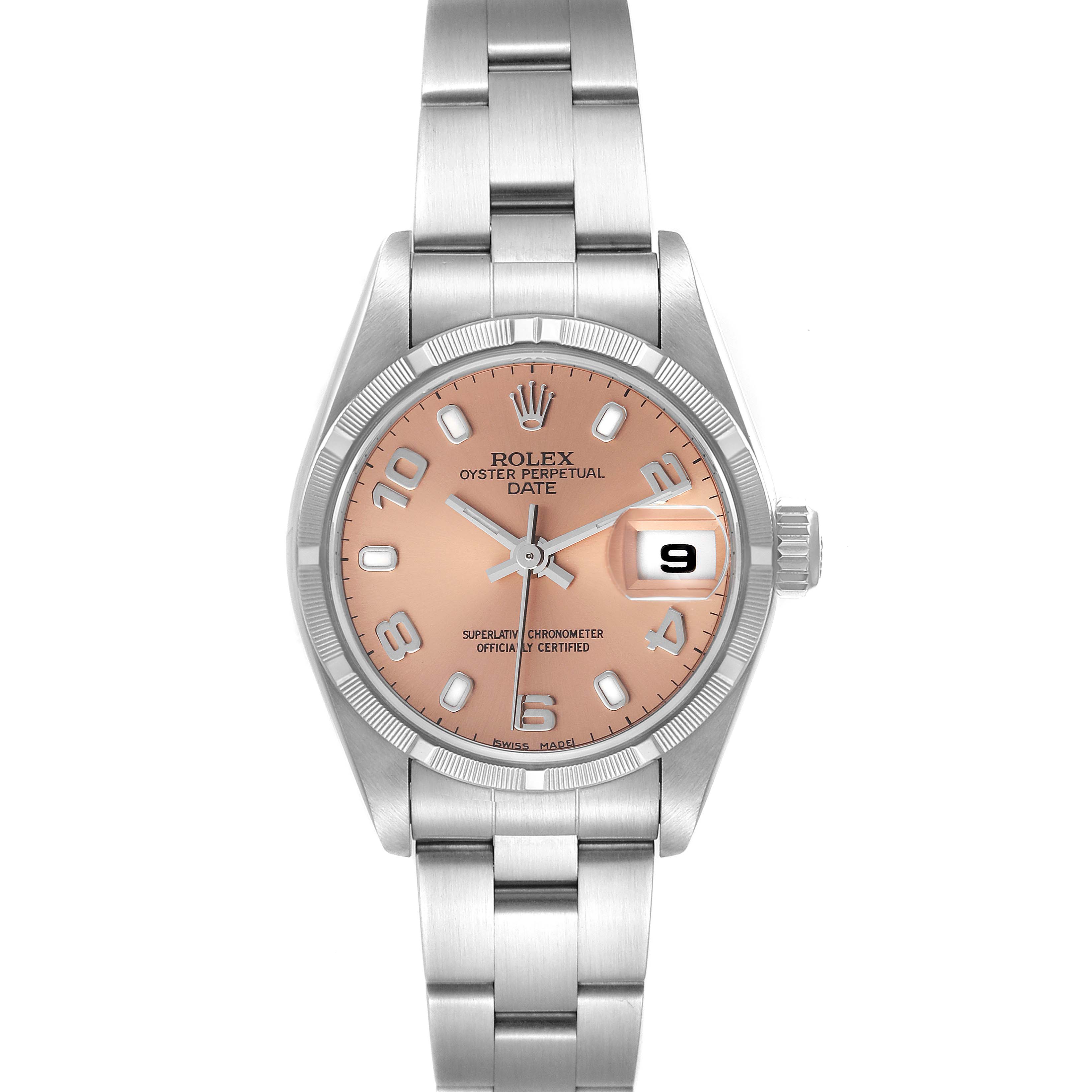 The image shows a frontal view of a Rolex Date 79190 Women
s Stainless Steel Pink Dial 79190 Women
s Stainless Steel Pink Dial model watch, highlighting its dial, bezel, bracelet, and date display.
