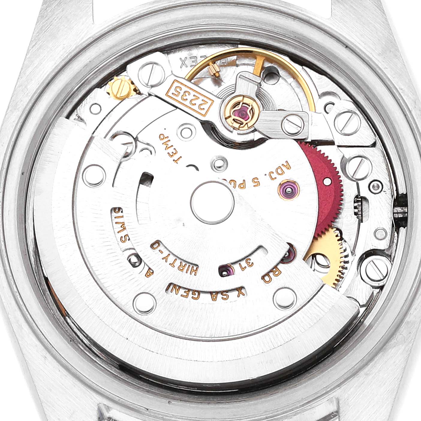 This image shows a close-up view of the internal mechanism of a Rolex Date 79190 Women
s Stainless Steel Pink Dial 79190 Women
s Stainless Steel Pink Dial model watch, highlighting the movement components.