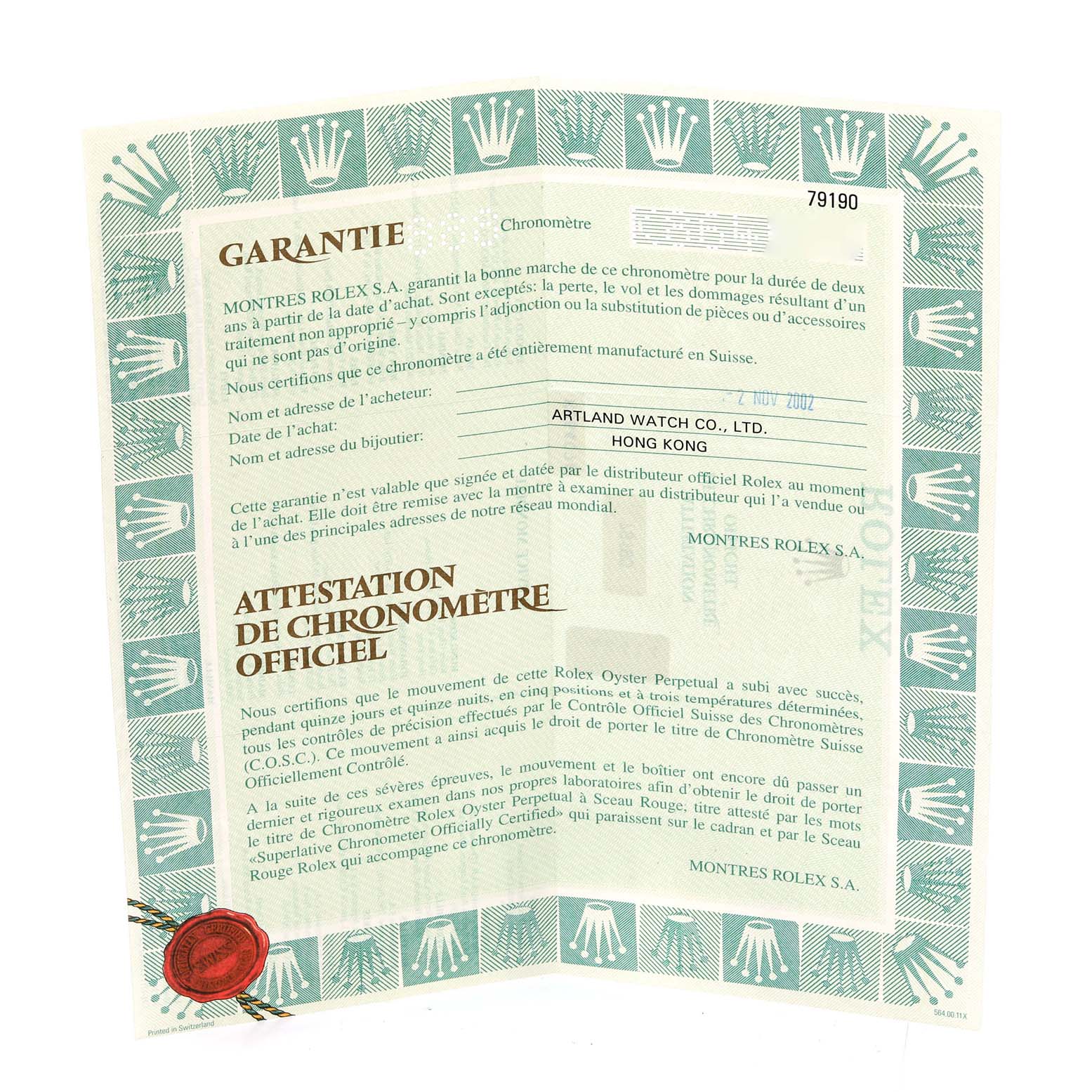 This image shows the guarantee and official chronometer certification paperwork for a Rolex Date 79190 Women
s Stainless Steel Pink Dial 79190 Women
s Stainless Steel Pink Dial model watch.