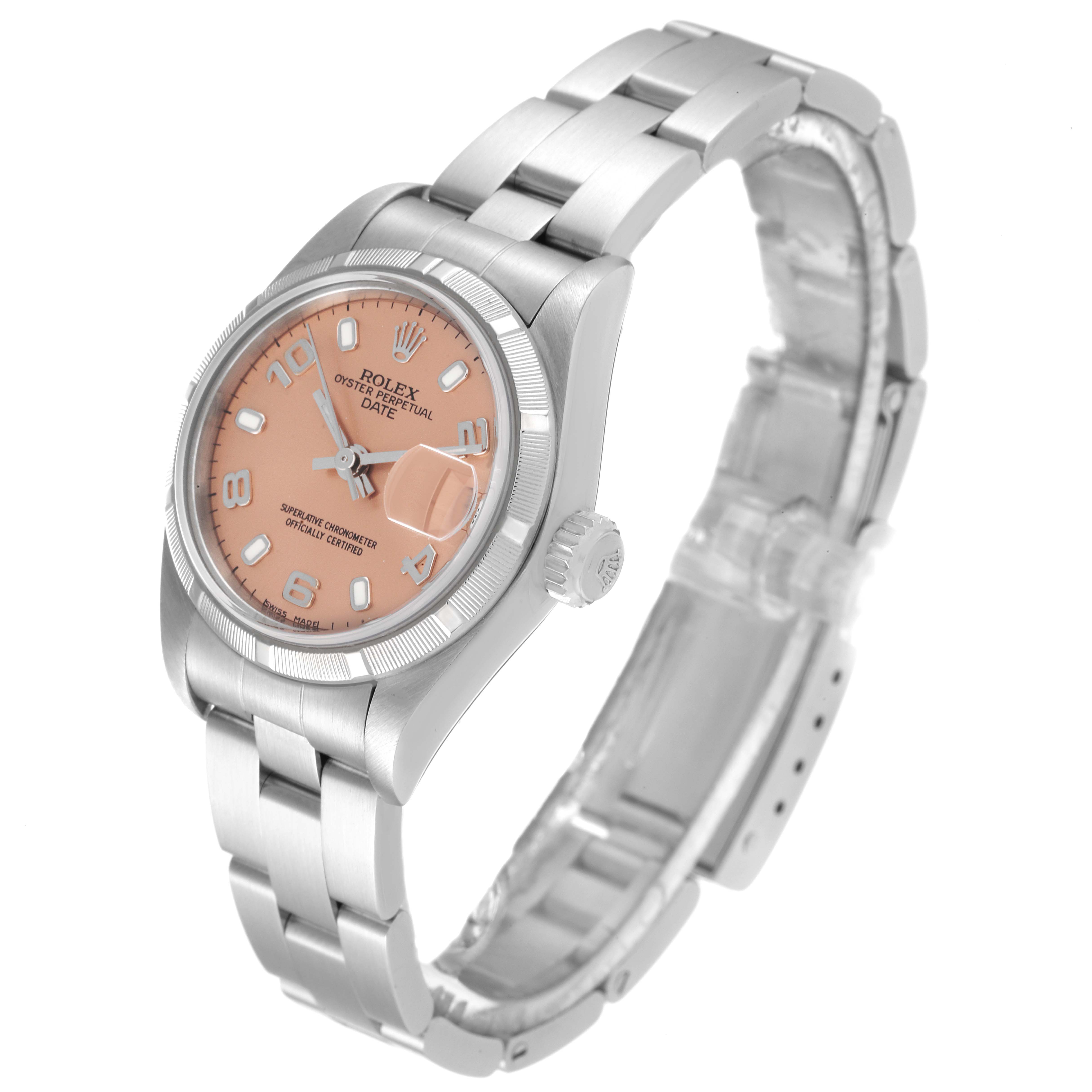 This image shows a Rolex Date 79190 Women
s Stainless Steel Pink Dial 79190 Women
s Stainless Steel Pink Dial model watch at an angled view, displaying its dial, bezel, crown, and bracelet.