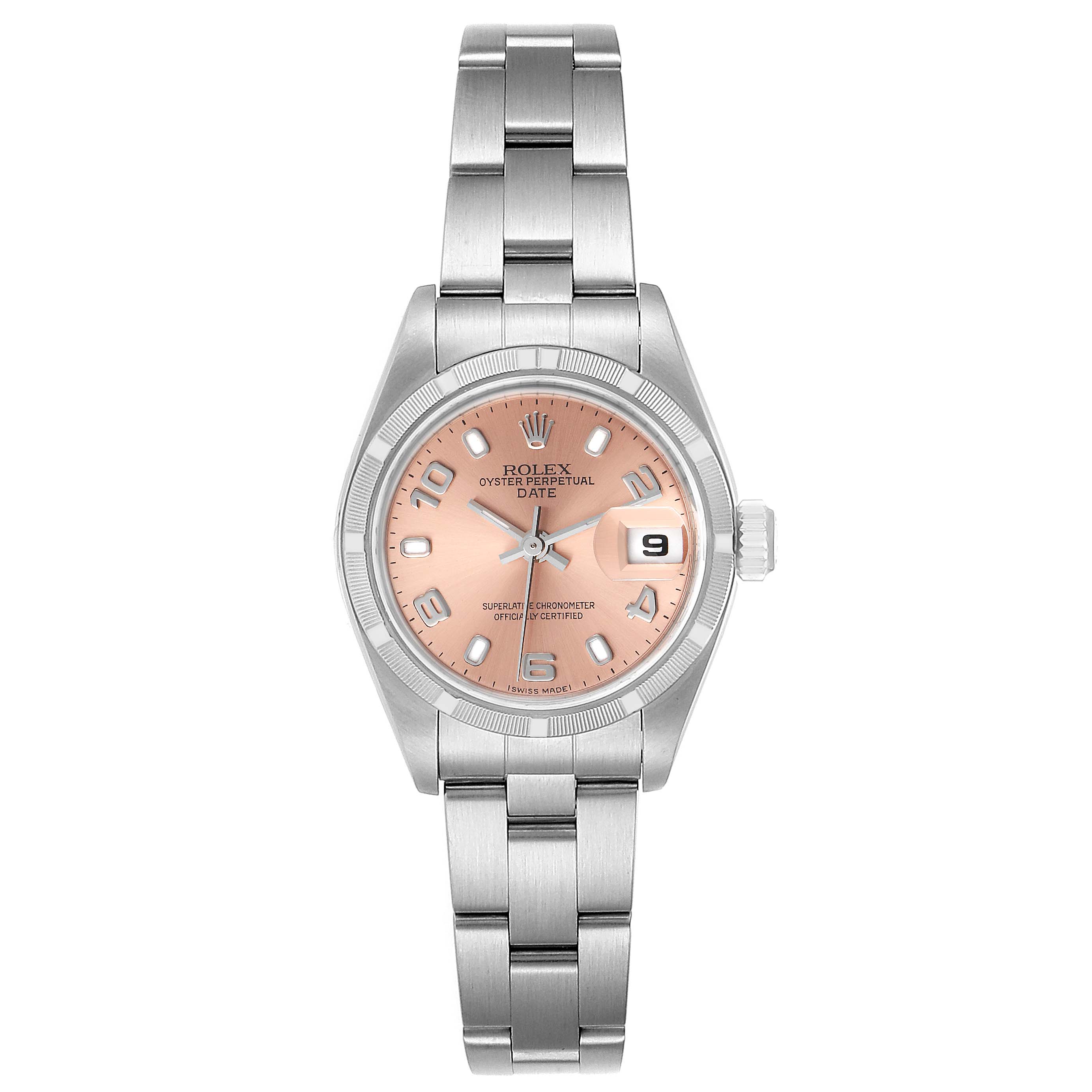 This image shows a Rolex Oyster Perpetual Date model, featuring a stainless steel bracelet and a pink dial with a date window at 3 o'clock.
