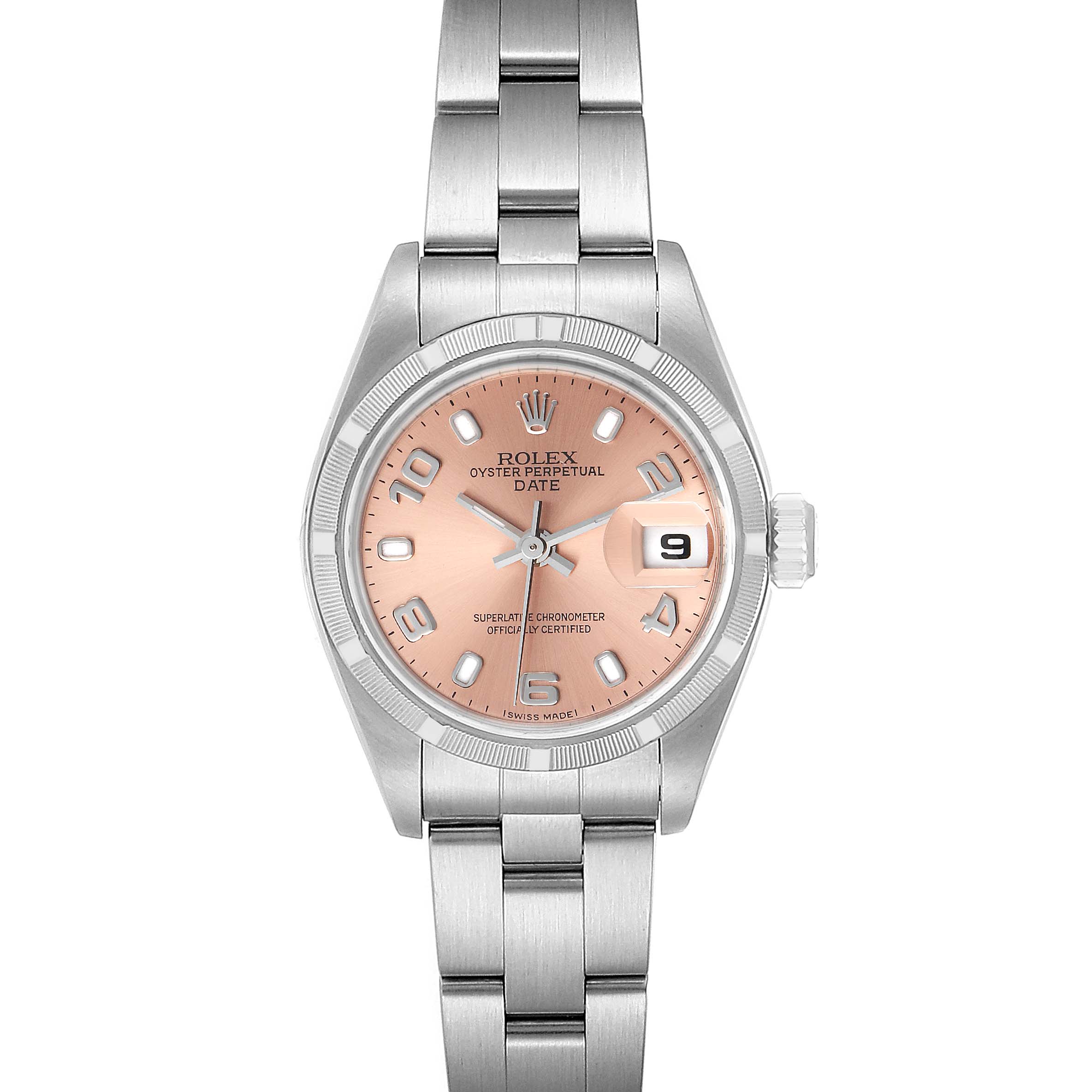 The image shows a Rolex Date 79190 Women's Stainless Steel Pink Dial 79190 Women's Stainless Steel Pink Dial model watch from a top-down angle, featuring its dial, bezel, bracelet, and date display.