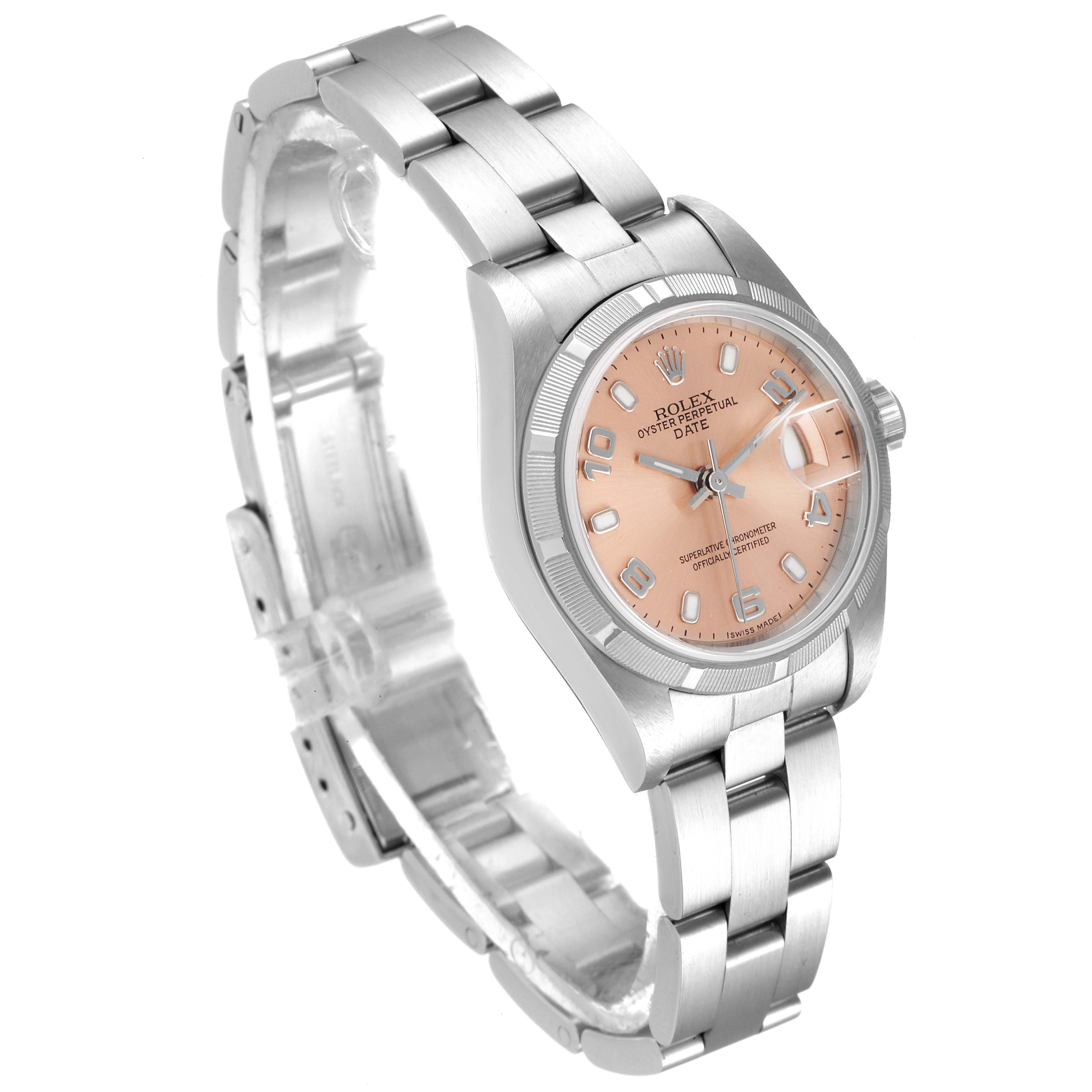 The image shows a Rolex Date 79190 Women's Stainless Steel Pink Dial 79190 Women's Stainless Steel Pink Dial model watch at a three-quarter angle, highlighting its bracelet, case, dial, and crown.