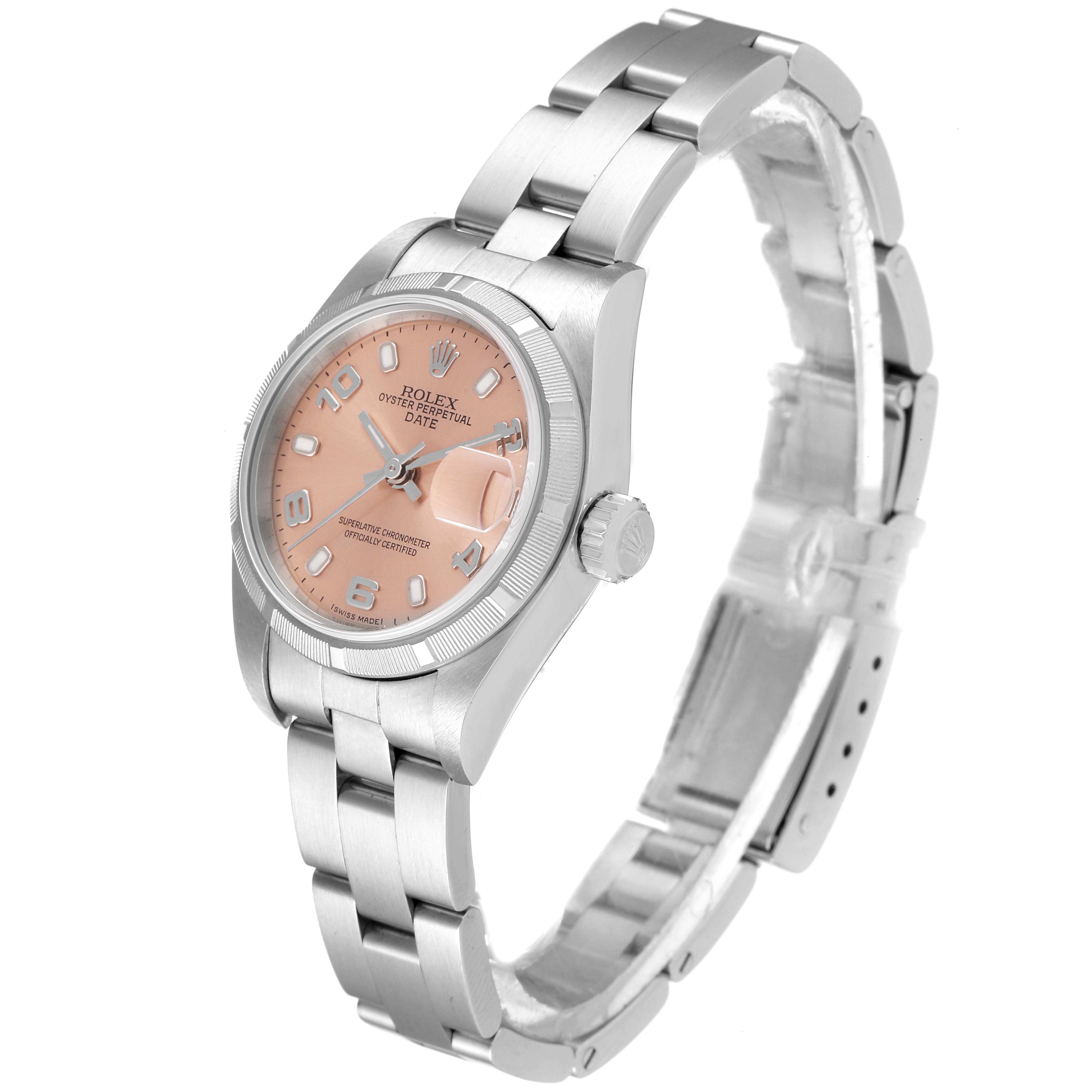 The image shows a Rolex Date 79190 Women's Stainless Steel Pink Dial 79190 Women's Stainless Steel Pink Dial model watch at a three-quarter angle, highlighting the dial, bezel, crown, and bracelet.