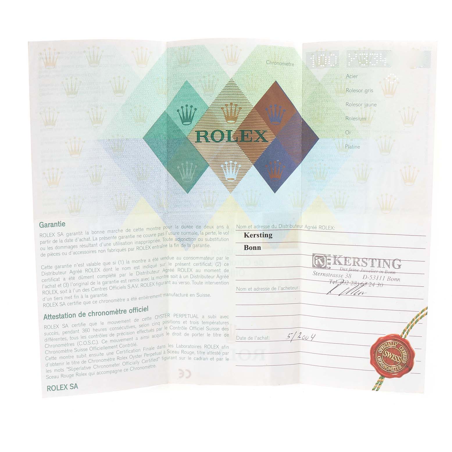 The image shows the warranty certificate for a Rolex Date 79190 Women's Stainless Steel Pink Dial 79190 Women's Stainless Steel Pink Dial model watch from an overhead angle.