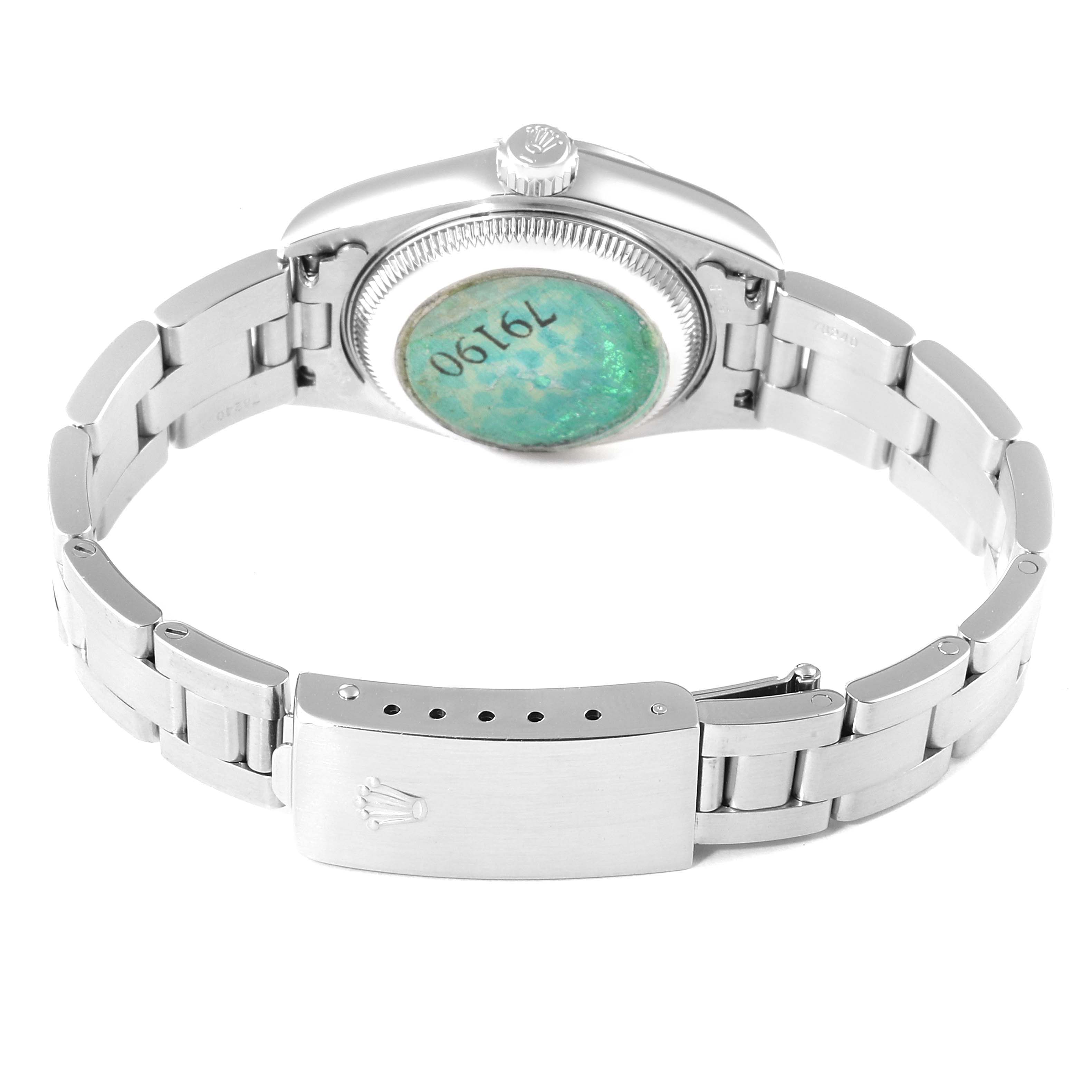 The image shows the back and bracelet of a Rolex Date 79190 Women's Stainless Steel Pink Dial 79190 Women's Stainless Steel Pink Dial model watch, highlighting the clasp and case back.