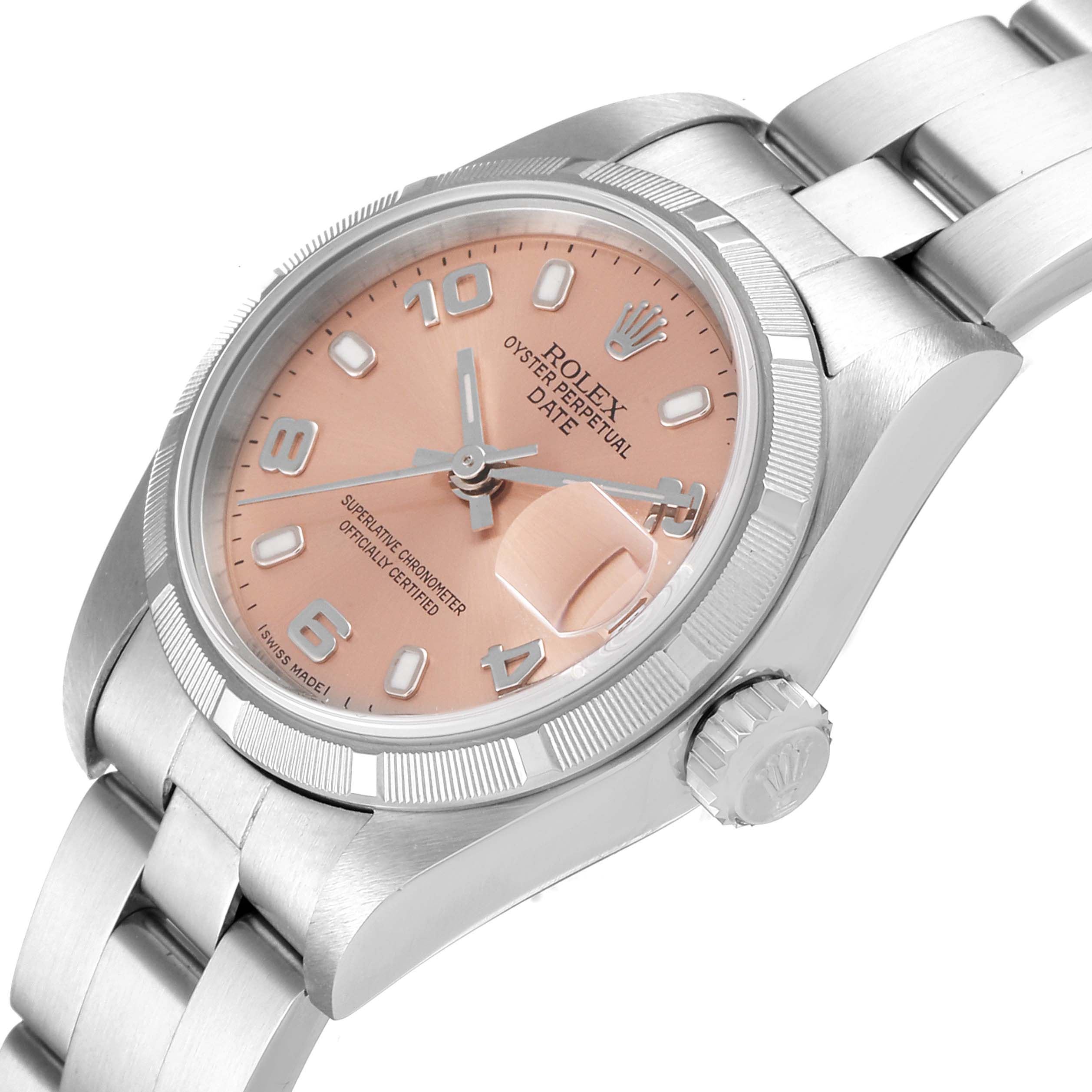 The image displays a Rolex Oyster Perpetual Date watch angled to show the watch face, bezel, crown, and part of the bracelet.