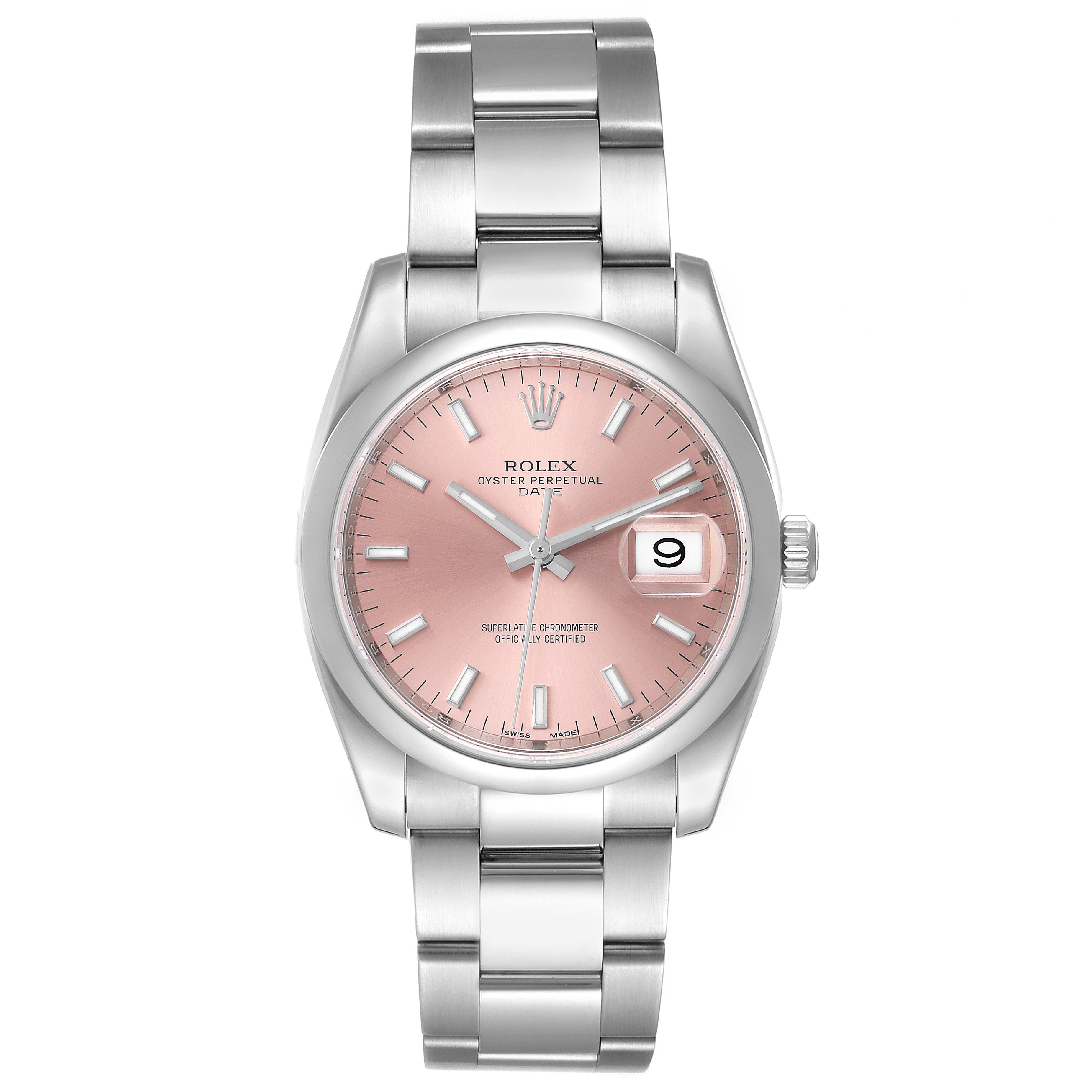 The Date model by Rolex is shown from a front angle, highlighting its face, bracelet, and the date display.