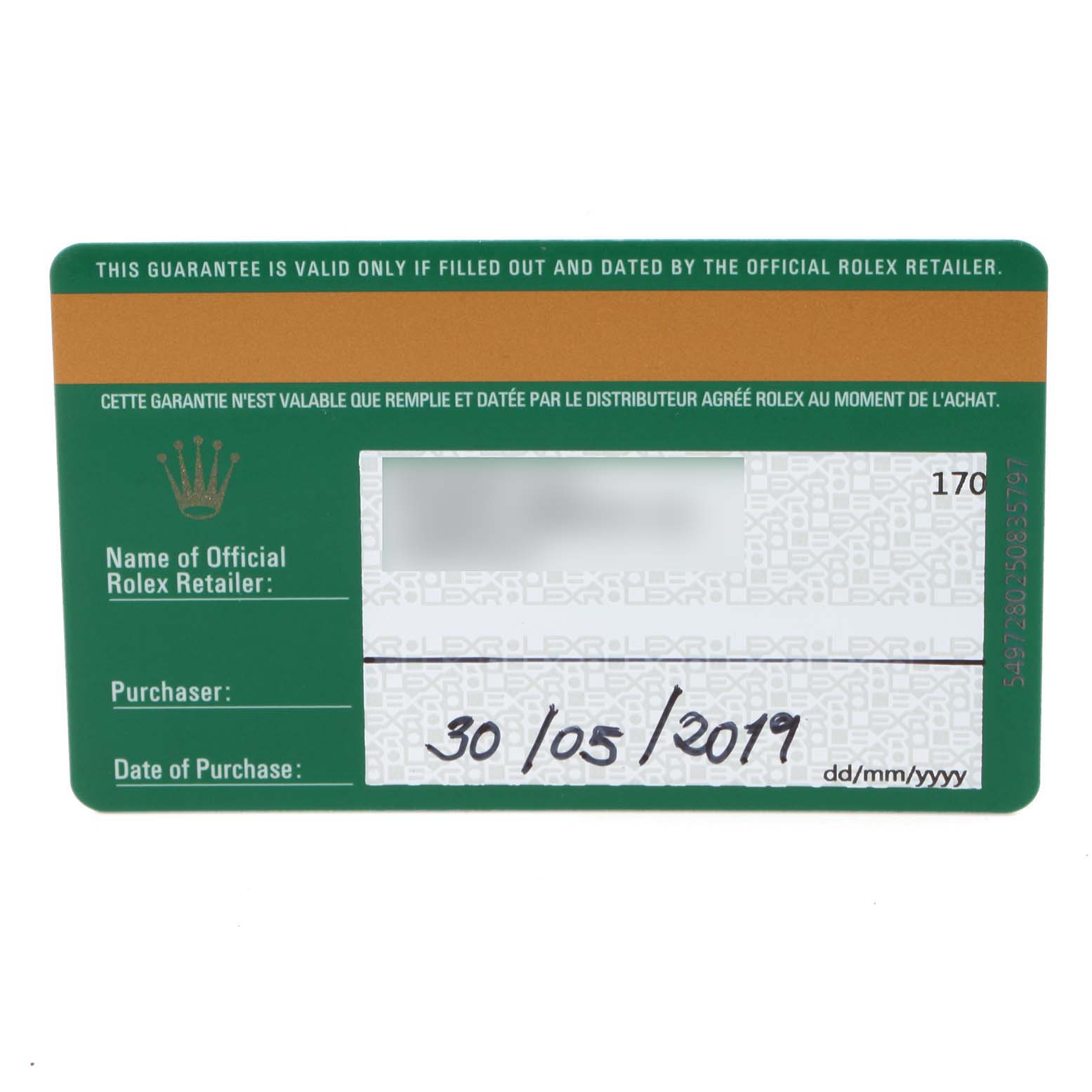 This image shows the guarantee card for a Rolex Date 115200 Men's Stainless Steel Pink Dial 115200 Men's Stainless Steel Pink Dial model, featuring purchase details and official retailer information.