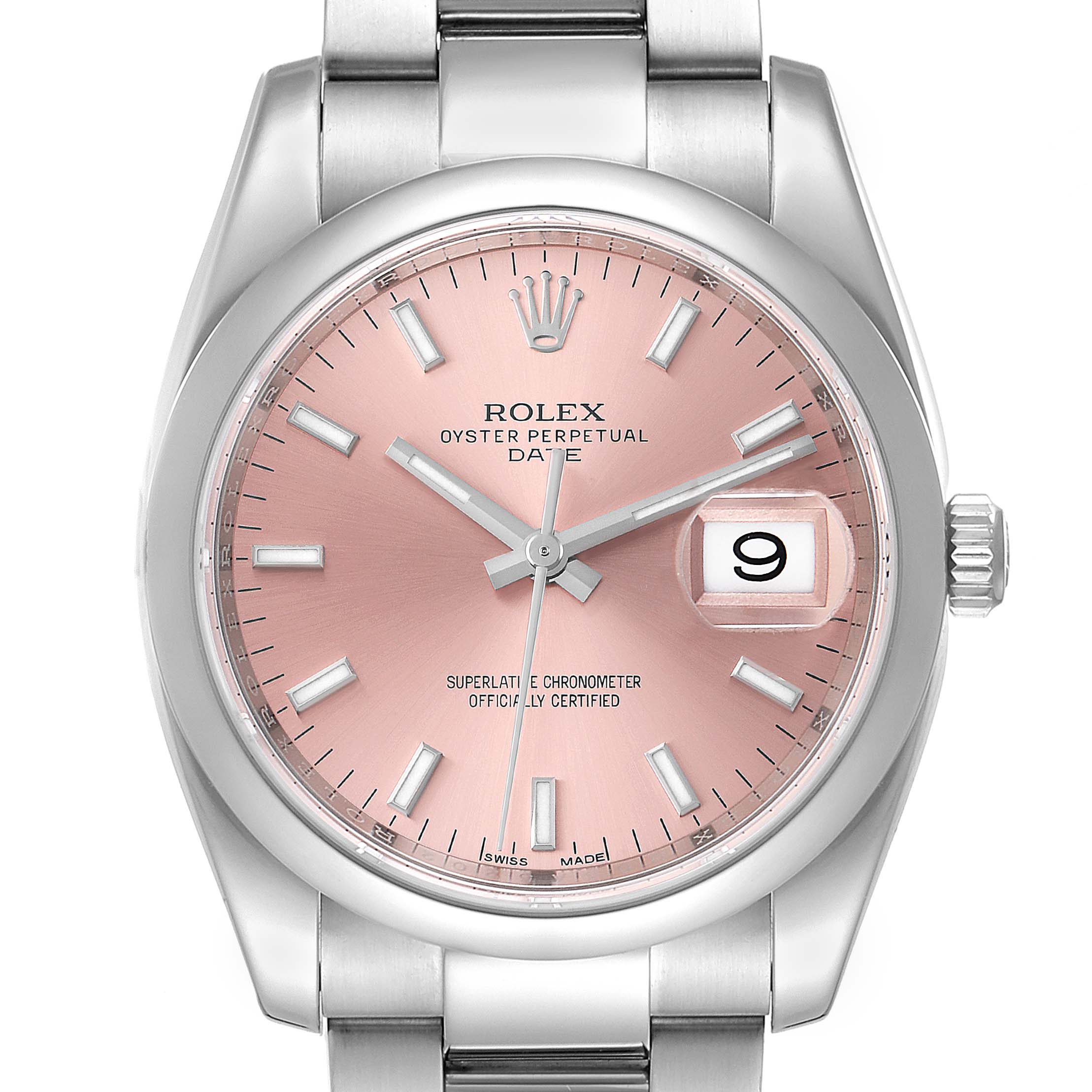 This image shows a head-on view of a Rolex Oyster Perpetual Date watch with a pink dial and stainless steel bracelet.
