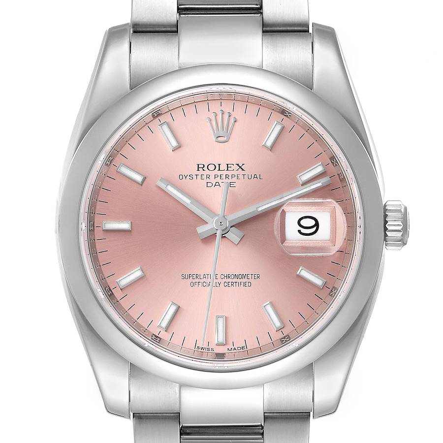 Rolex Date Salmon Dial Oyster Bracelet Steel Mens Watch 115200 Unworn SwissWatchExpo
