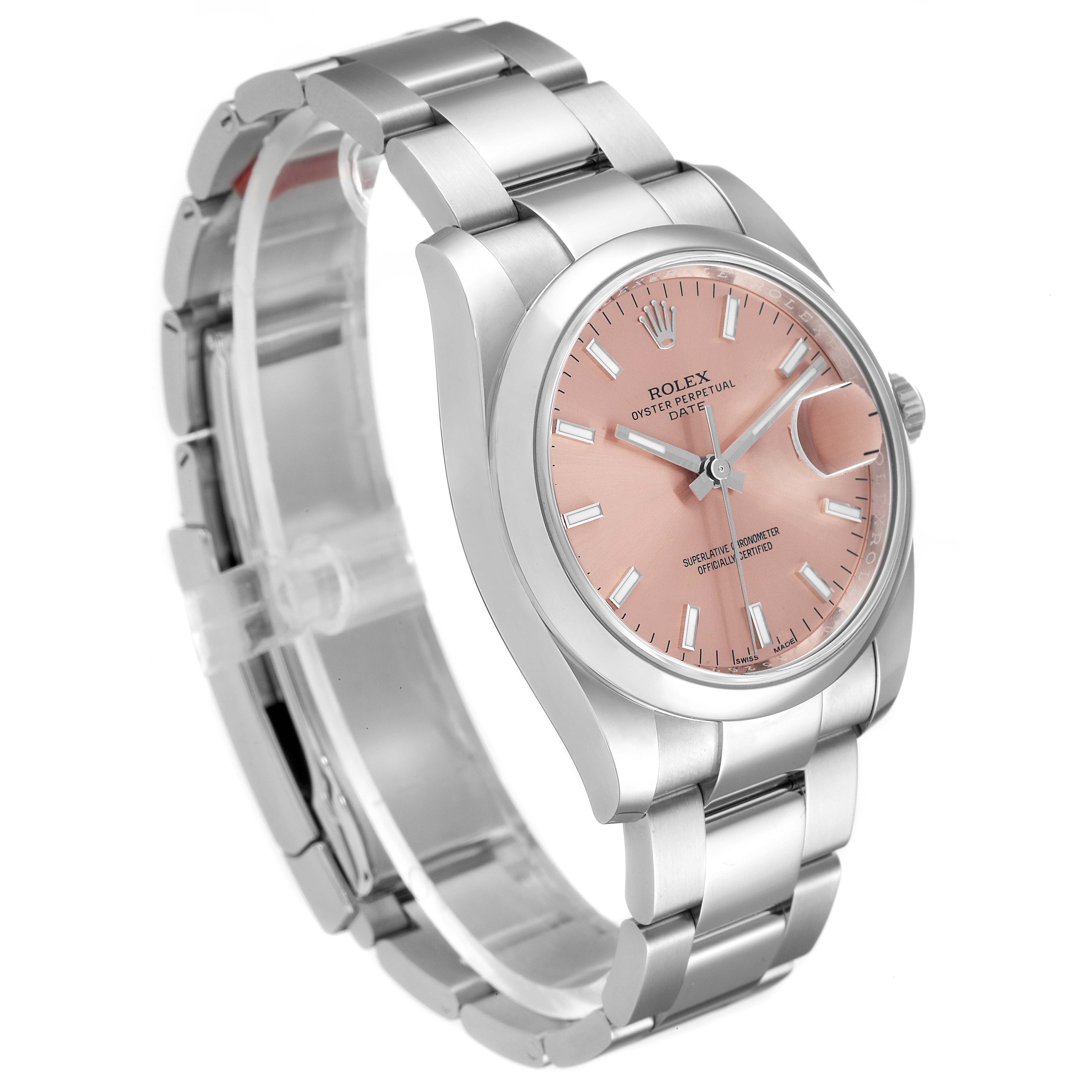 The image shows a side angle of the Rolex Date 115200 Men's Stainless Steel Pink Dial 115200 Men's Stainless Steel Pink Dial model watch, highlighting the pink dial, bracelet, and case.