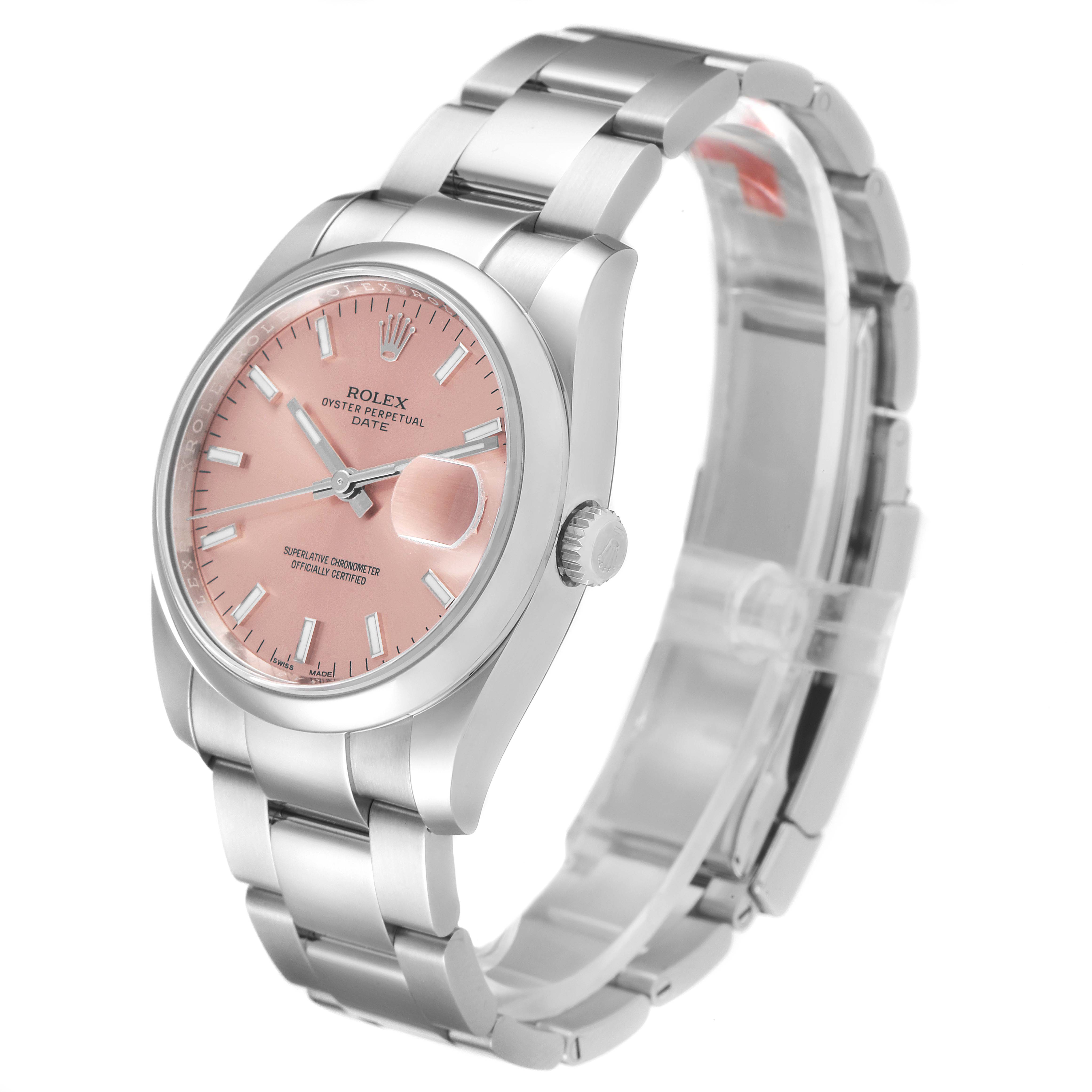 The image shows a Rolex Date 115200 Men's Stainless Steel Pink Dial 115200 Men's Stainless Steel Pink Dial model watch at a slight angle, capturing the face, crown, and bracelet in detail.