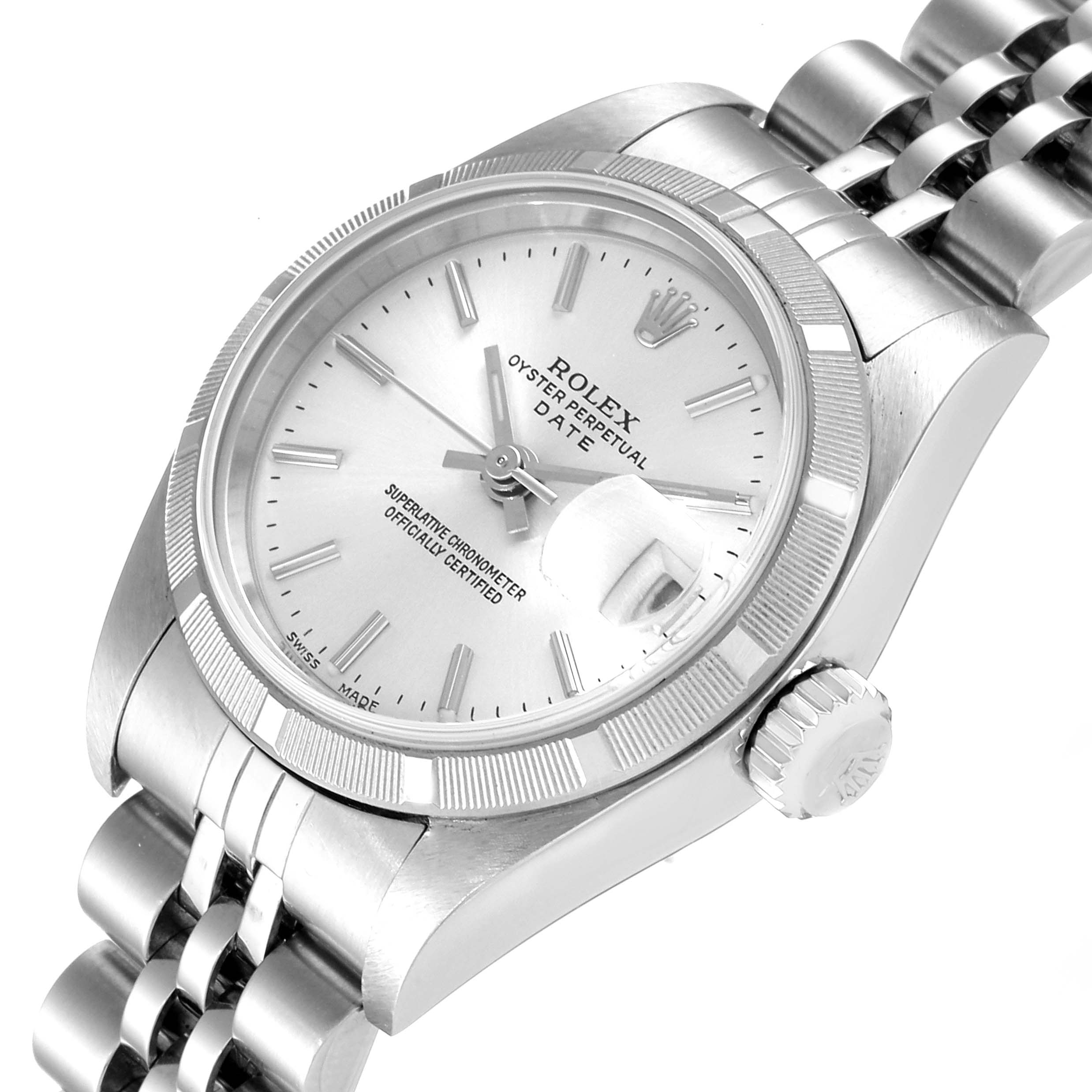 The Rolex Date 79190 Women's Stainless Steel Silver Dial 79190 Women's Stainless Steel Silver Dial watch is shown at a slight diagonal angle, highlighting the face, bezel, crown, and part of the bracelet.
