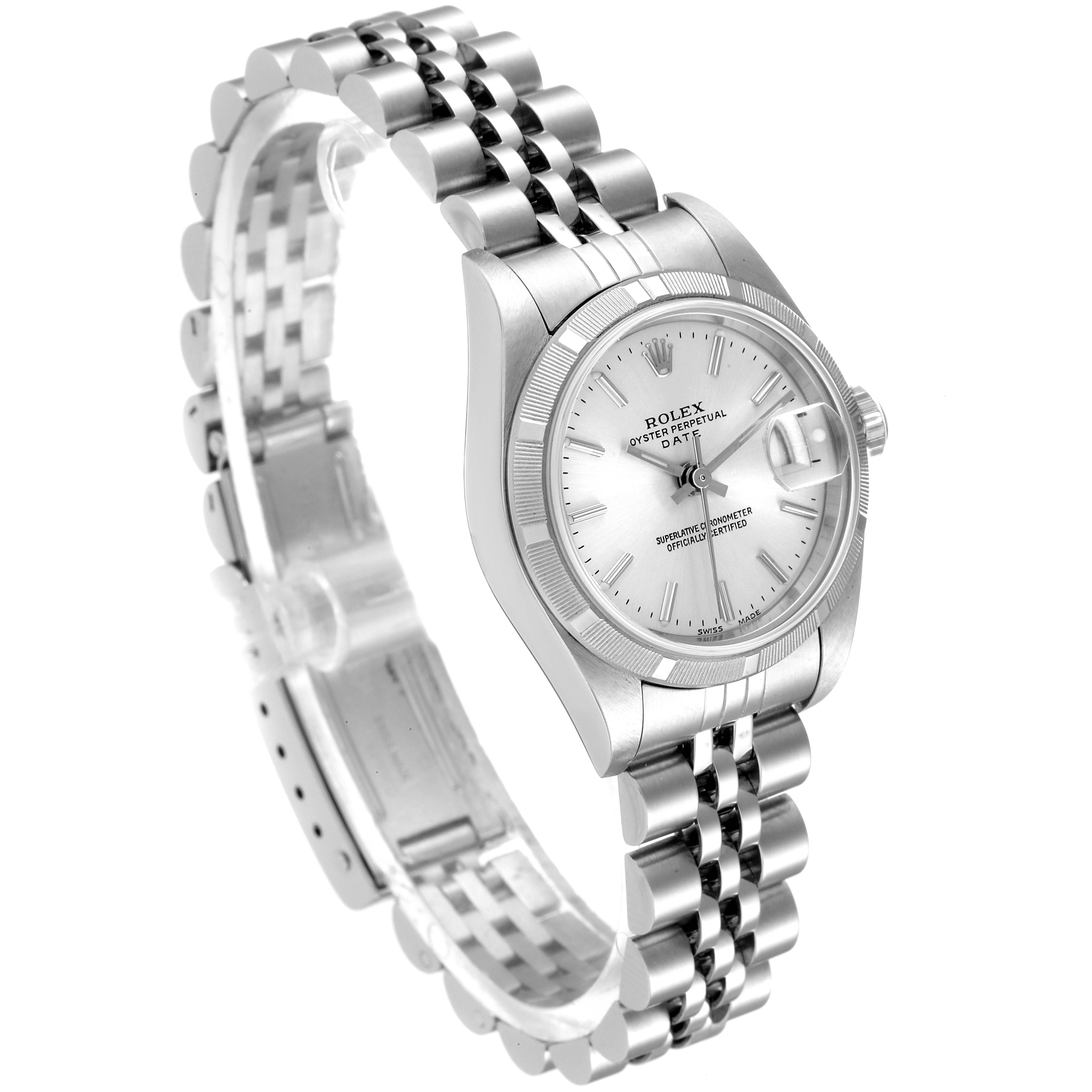 The image shows a Rolex Date 79190 Women's Stainless Steel Silver Dial 79190 Women's Stainless Steel Silver Dial model watch at an angled side view, highlighting the face, bezel, and jubilee bracelet.