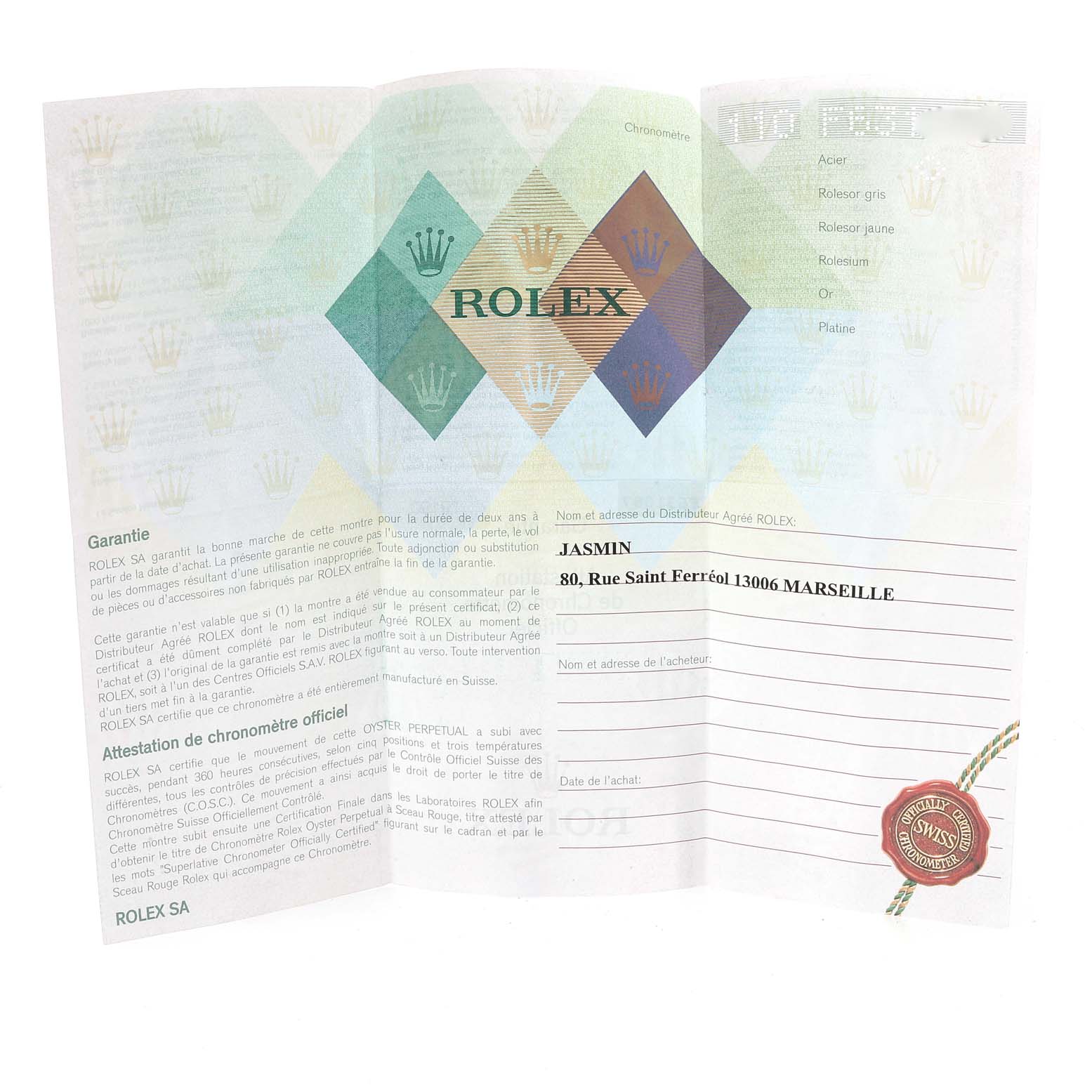 This image shows the warranty certificate and official chronometer certification for the Rolex Date 79190 Women's Stainless Steel Silver Dial 79190 Women's Stainless Steel Silver Dial model watch.