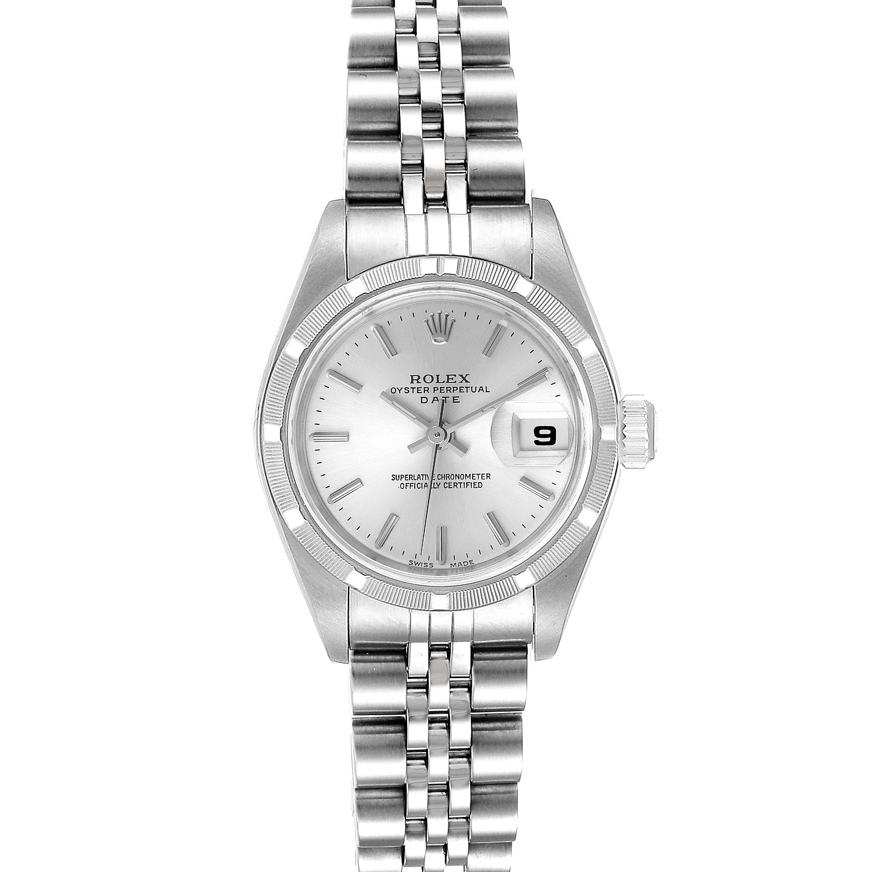 This image shows a front view of the Rolex Date 79190 Women's Stainless Steel Silver Dial 79190 Women's Stainless Steel Silver Dial model watch, highlighting the dial, bezel, and bracelet.