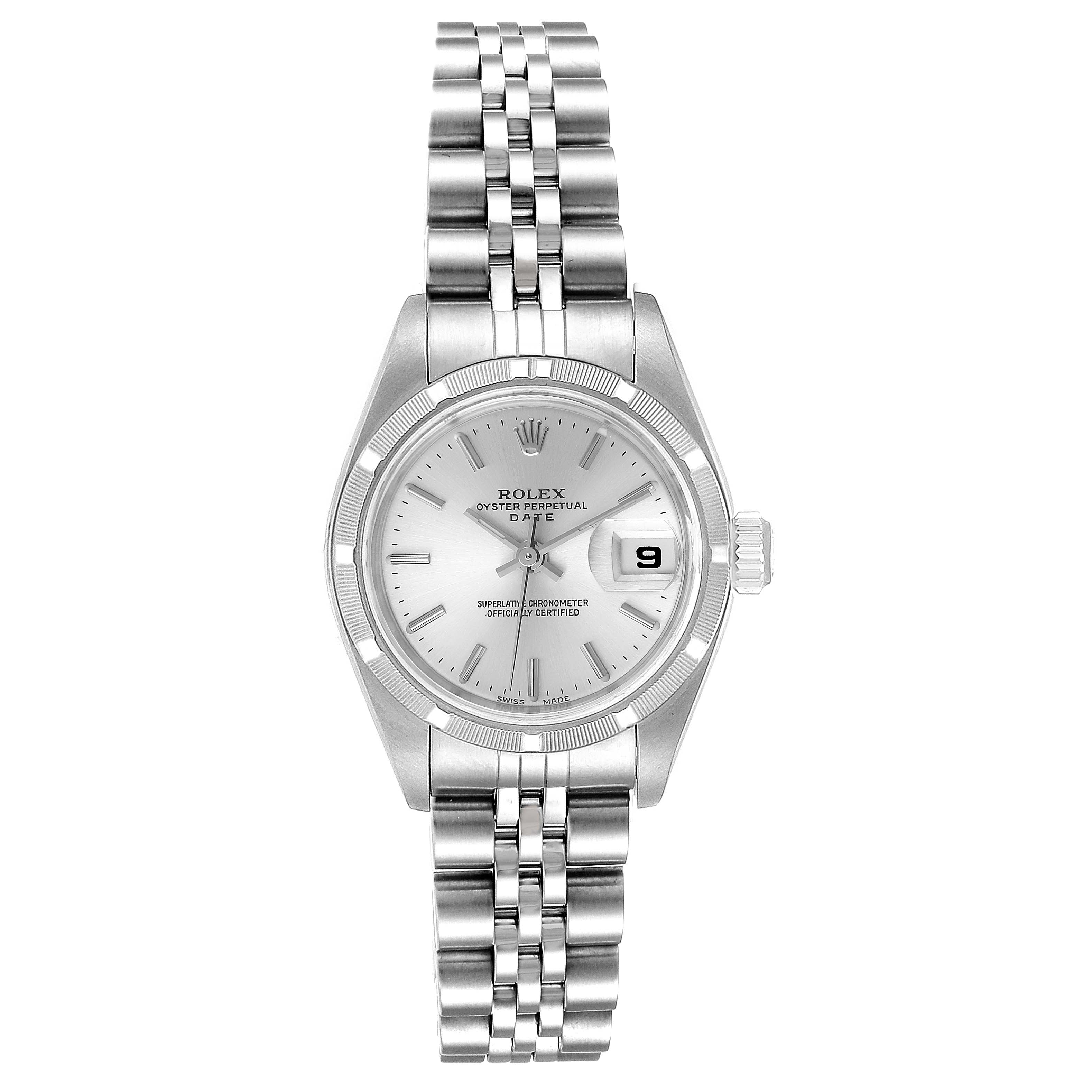 This image shows a front angle of a Rolex Date 79190 Women's Stainless Steel Silver Dial 79190 Women's Stainless Steel Silver Dial model watch, displaying its face, bezel, bracelet, crown, and date window.