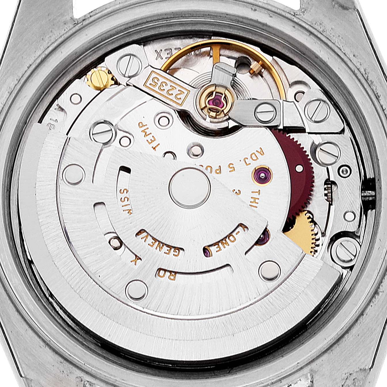The image shows a detailed view of the movement mechanism inside the Rolex Datejust 79174 Women's Stainless Steel Silver Dial 79174 Women's Stainless Steel Silver Dial watch case from a top-down angle.