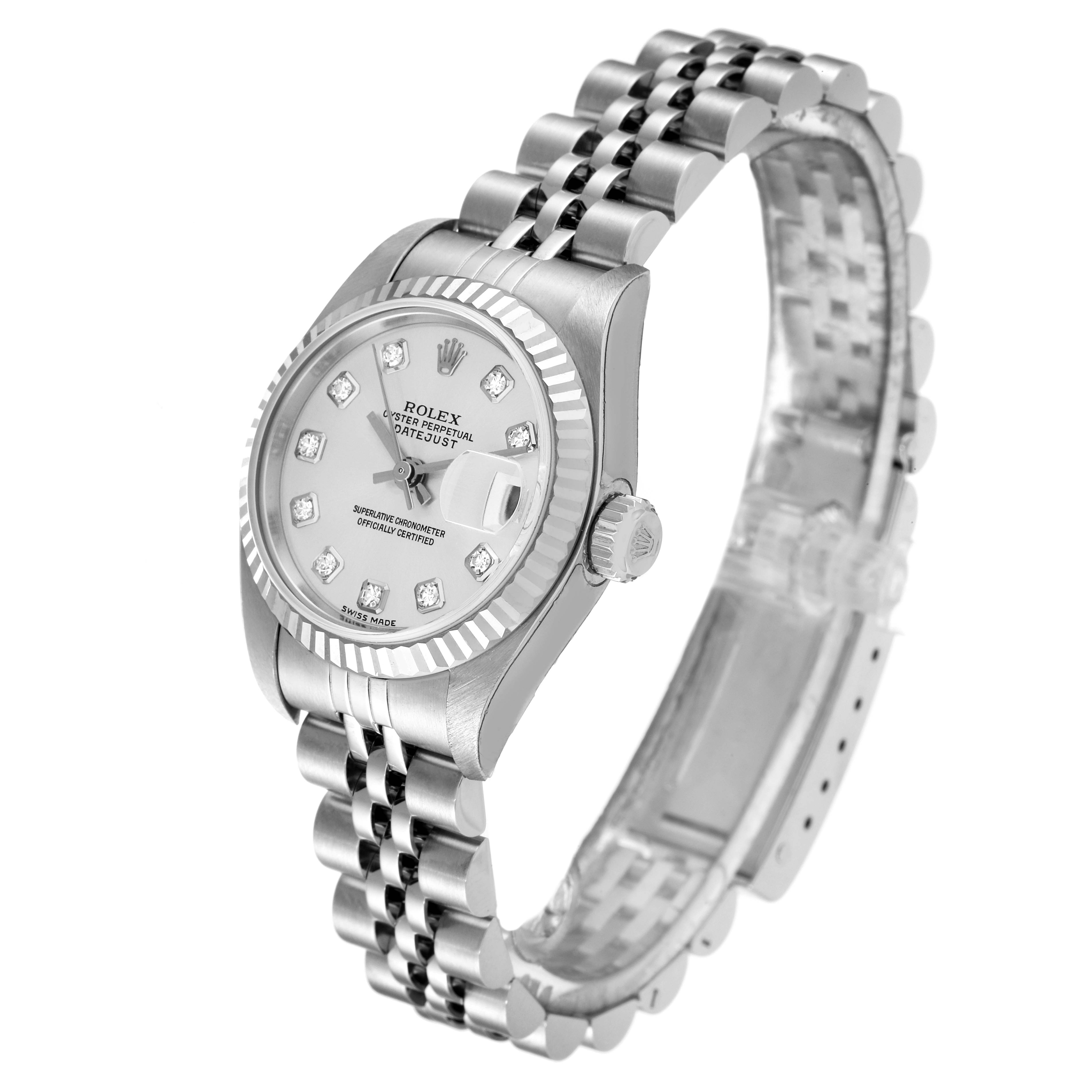 This image shows a Rolex Datejust 79174 Women's Stainless Steel Silver Dial 79174 Women's Stainless Steel Silver Dial watch at an angled view, highlighting its face, bezel, crown, and metal bracelet.