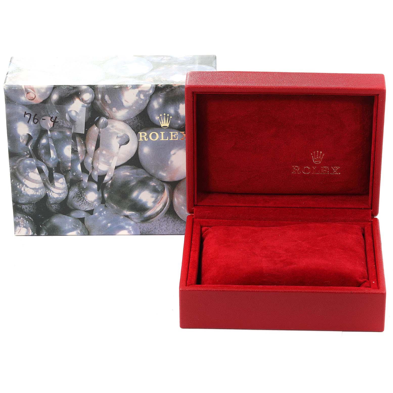 The image shows a red velvet Rolex box for the Datejust model, with the outer packaging partially visible.