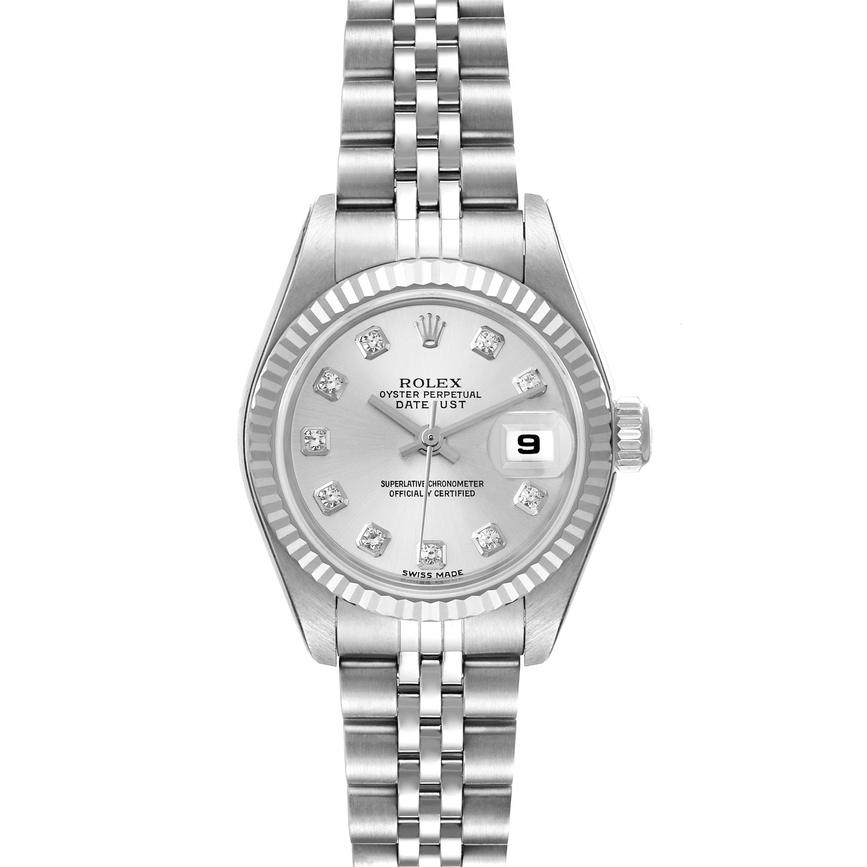 This image shows a Rolex Datejust 79174 Women's Stainless Steel Silver Dial 79174 Women's Stainless Steel Silver Dial watch from a top-down angle, featuring the dial, hour markers, bezel, and bracelet.