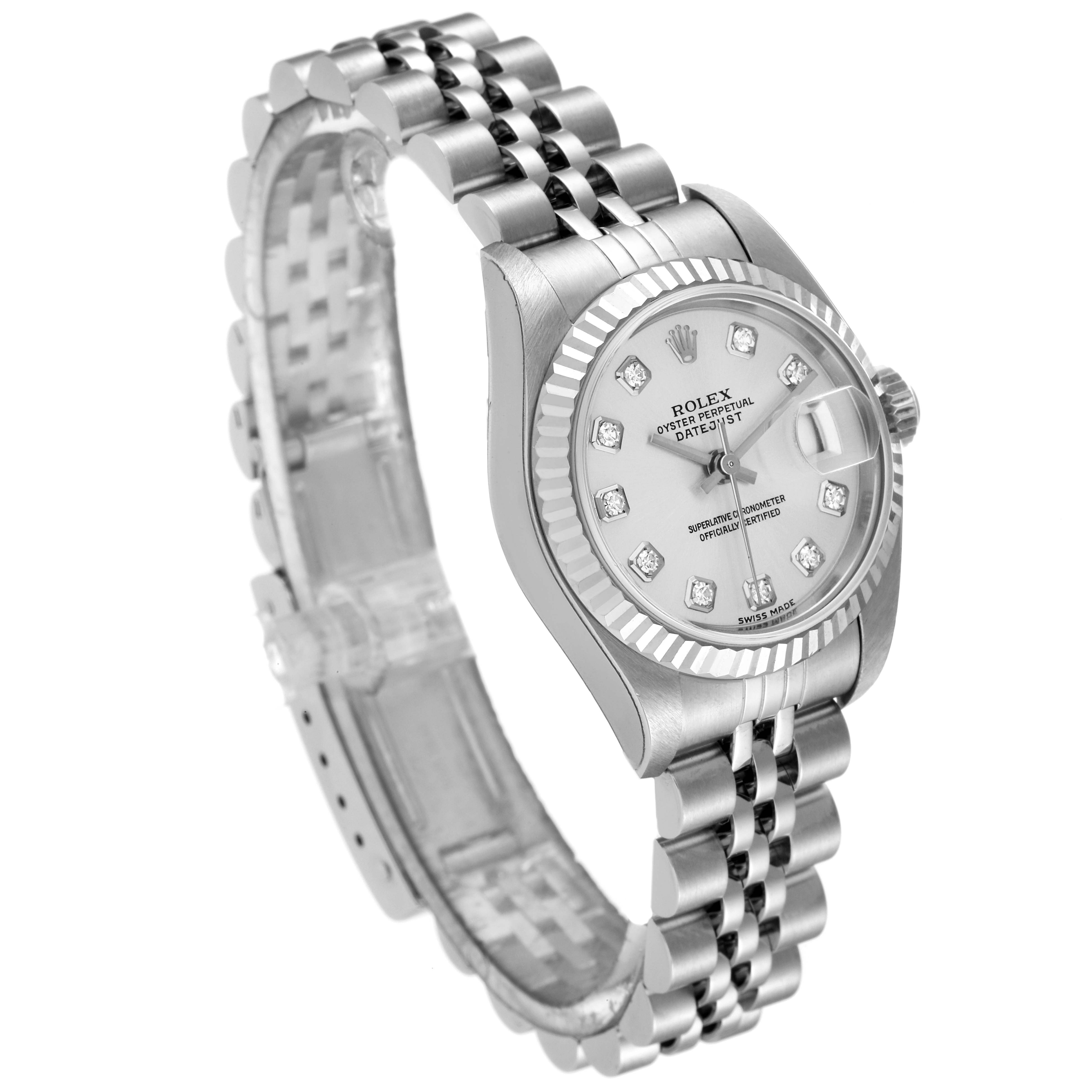 The image shows a Rolex Datejust 79174 Women's Stainless Steel Silver Dial 79174 Women's Stainless Steel Silver Dial watch at an angled top view, highlighting the face, bezel, bracelet, and crown.