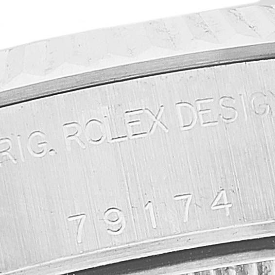 The image shows a close-up view of a Datejust Rolex watch case, specifically highlighting the model number "79174" and part of the watch bezel.