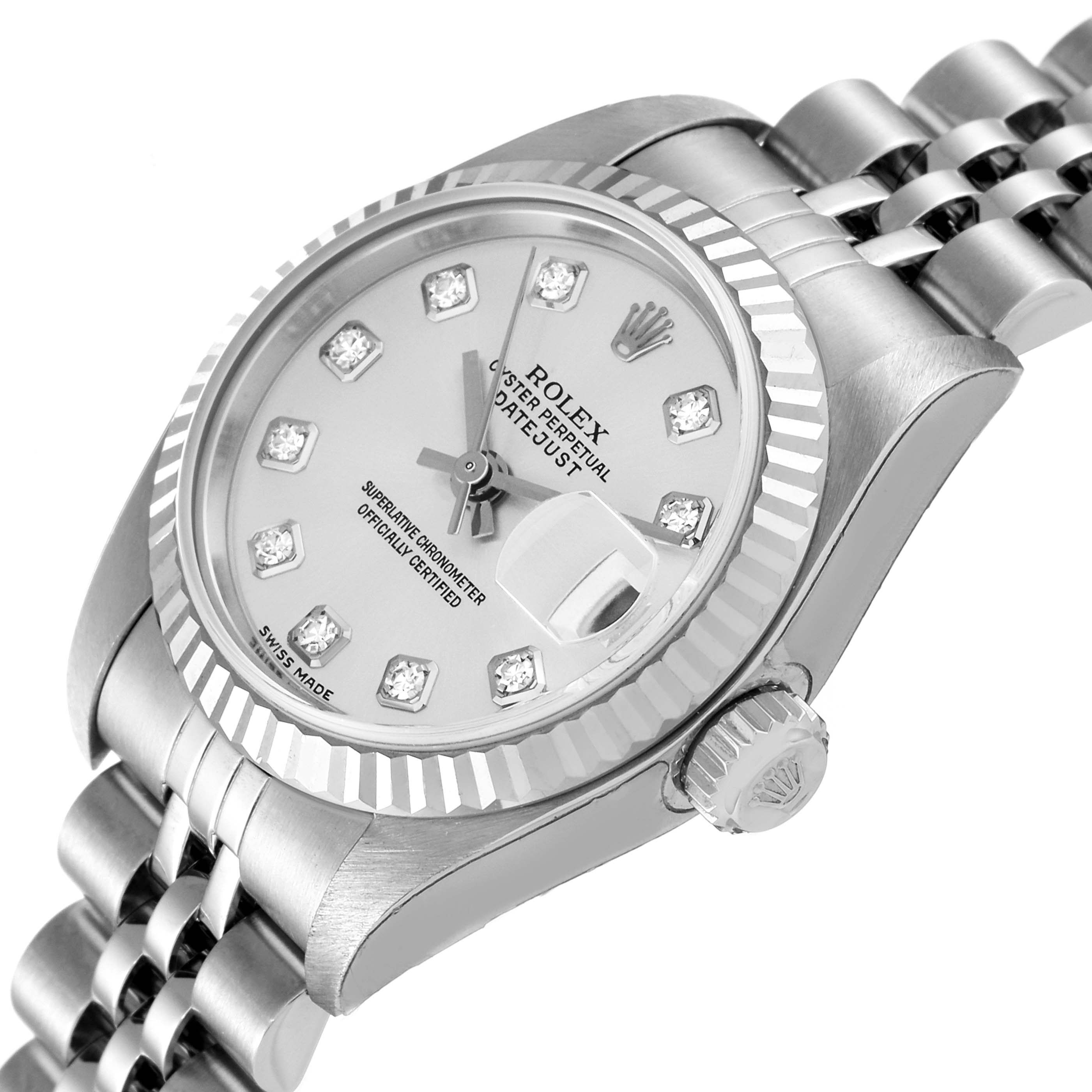 The image shows a Rolex Datejust 79174 Women's Stainless Steel Silver Dial 79174 Women's Stainless Steel Silver Dial watch at an angled side view, highlighting the dial, bezel, crown, and part of the bracelet.