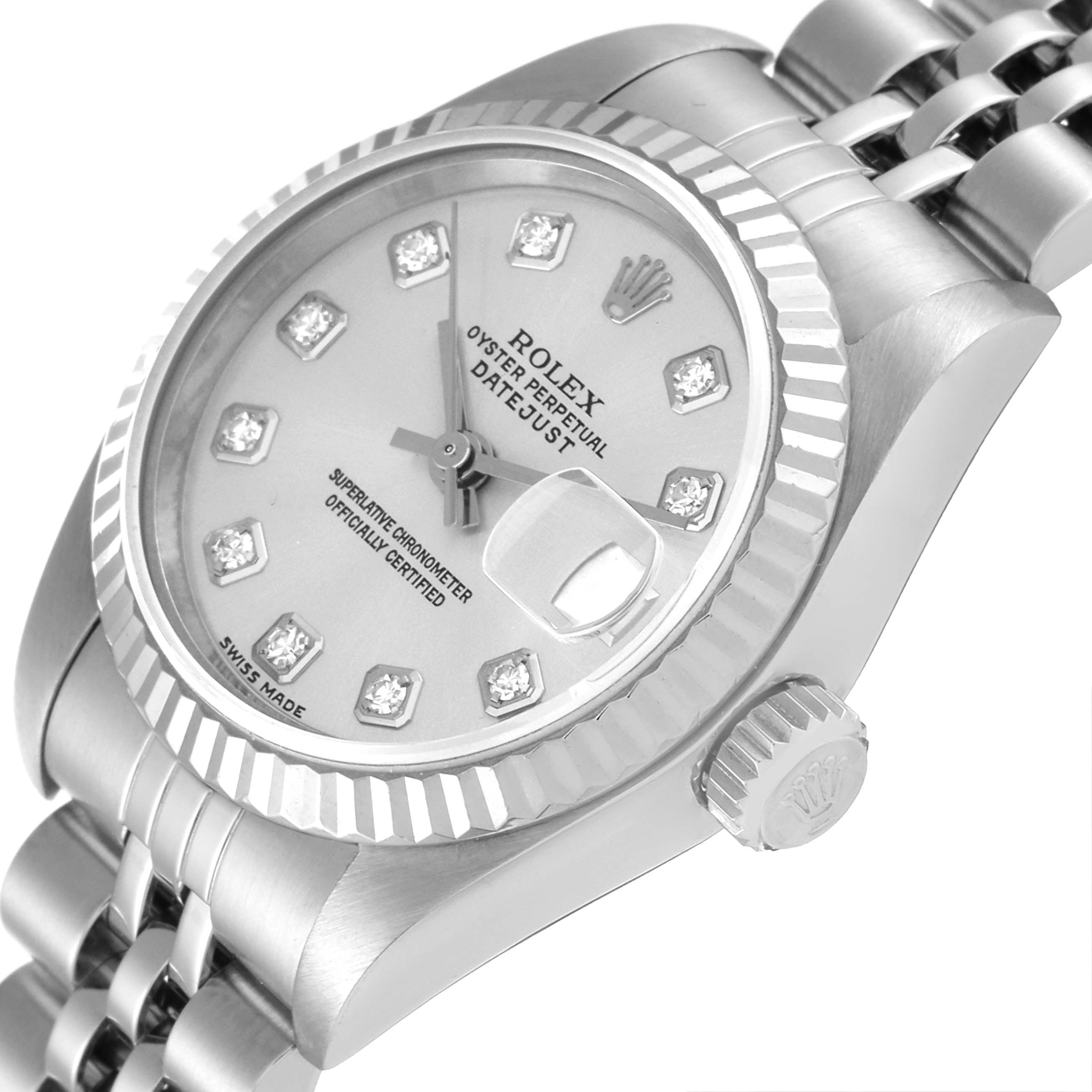 This image shows a close-up angle of the Rolex Datejust 79174 Women's Stainless Steel Silver Dial 79174 Women's Stainless Steel Silver Dial watch highlighting its face, bezel, crown, and part of the bracelet.