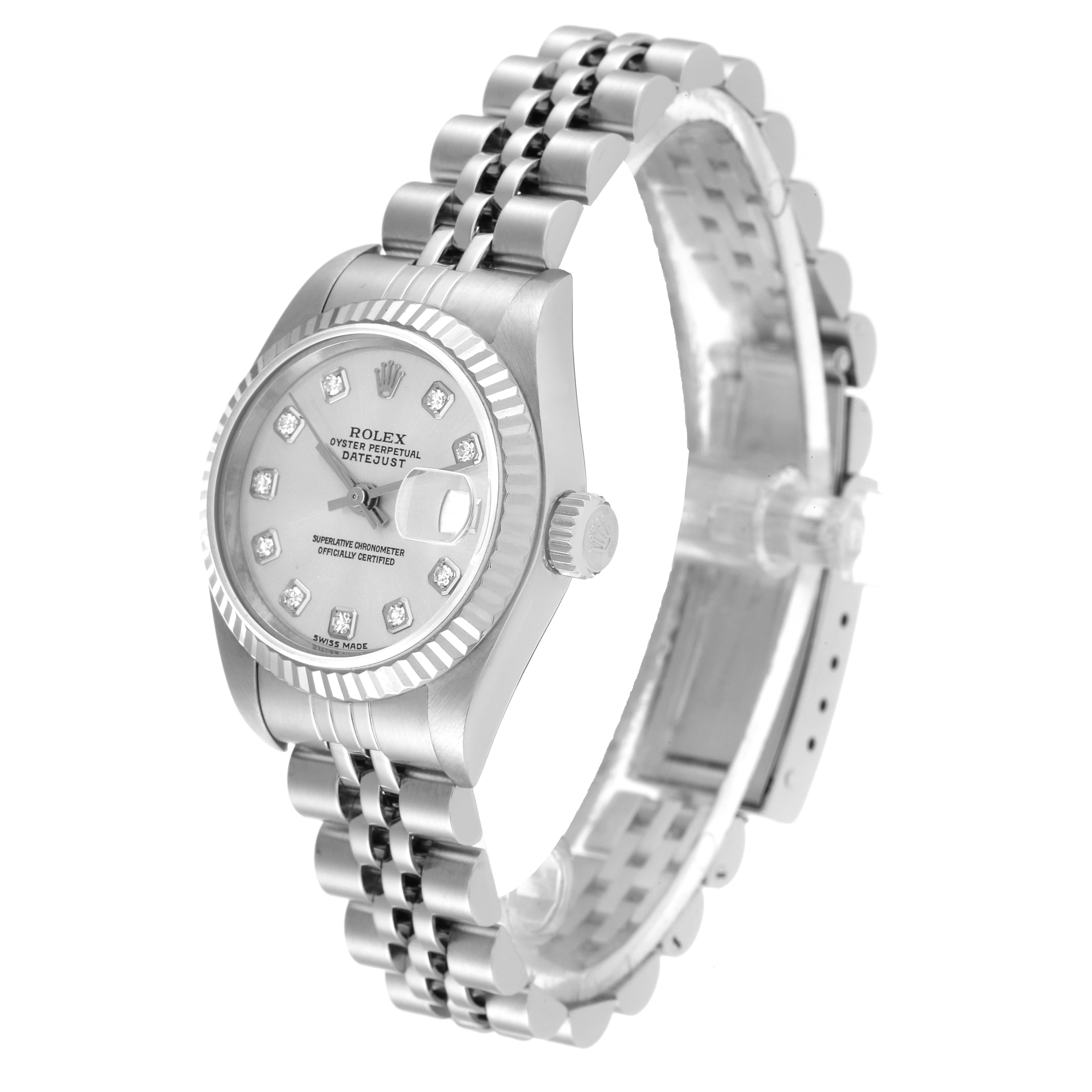 This image shows a Rolex Datejust 79174 Women's Stainless Steel Silver Dial 79174 Women's Stainless Steel Silver Dial watch from the side angle, highlighting the bezel, dial, crown, and bracelet.