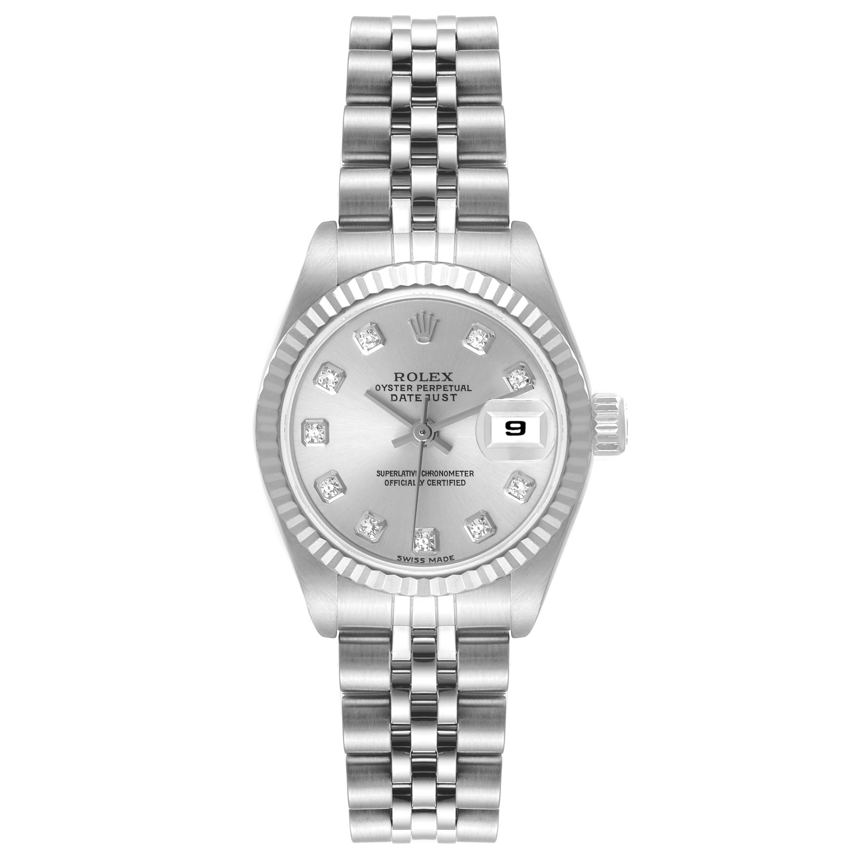 This image shows a Rolex Datejust 79174 Women's Stainless Steel Silver Dial 79174 Women's Stainless Steel Silver Dial watch from a top-down angle, featuring its face, bezel, and bracelet.