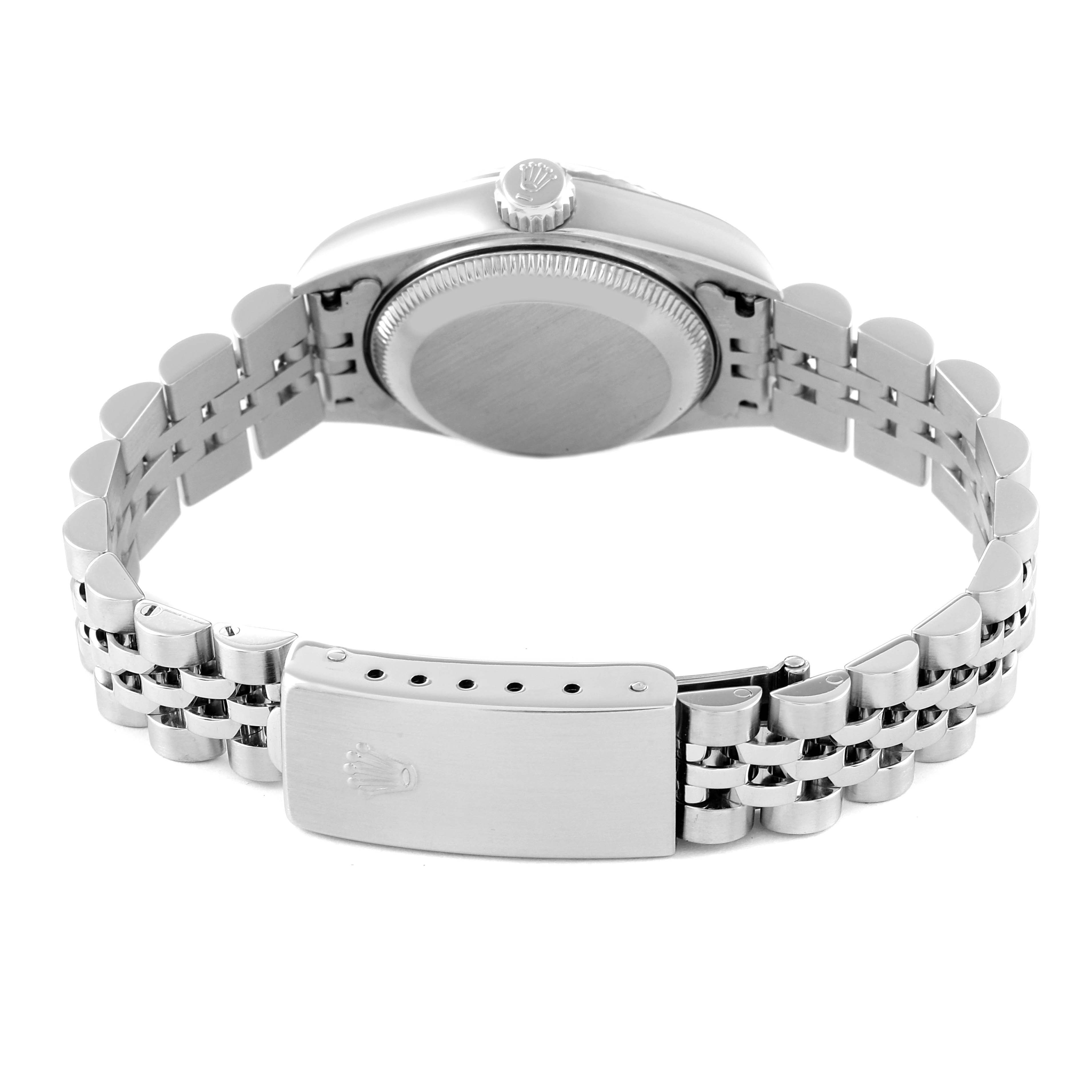 The image shows the back and clasp of a Rolex Datejust 79174 Women's Stainless Steel Silver Dial 79174 Women's Stainless Steel Silver Dial watch at a rear, horizontal angle.