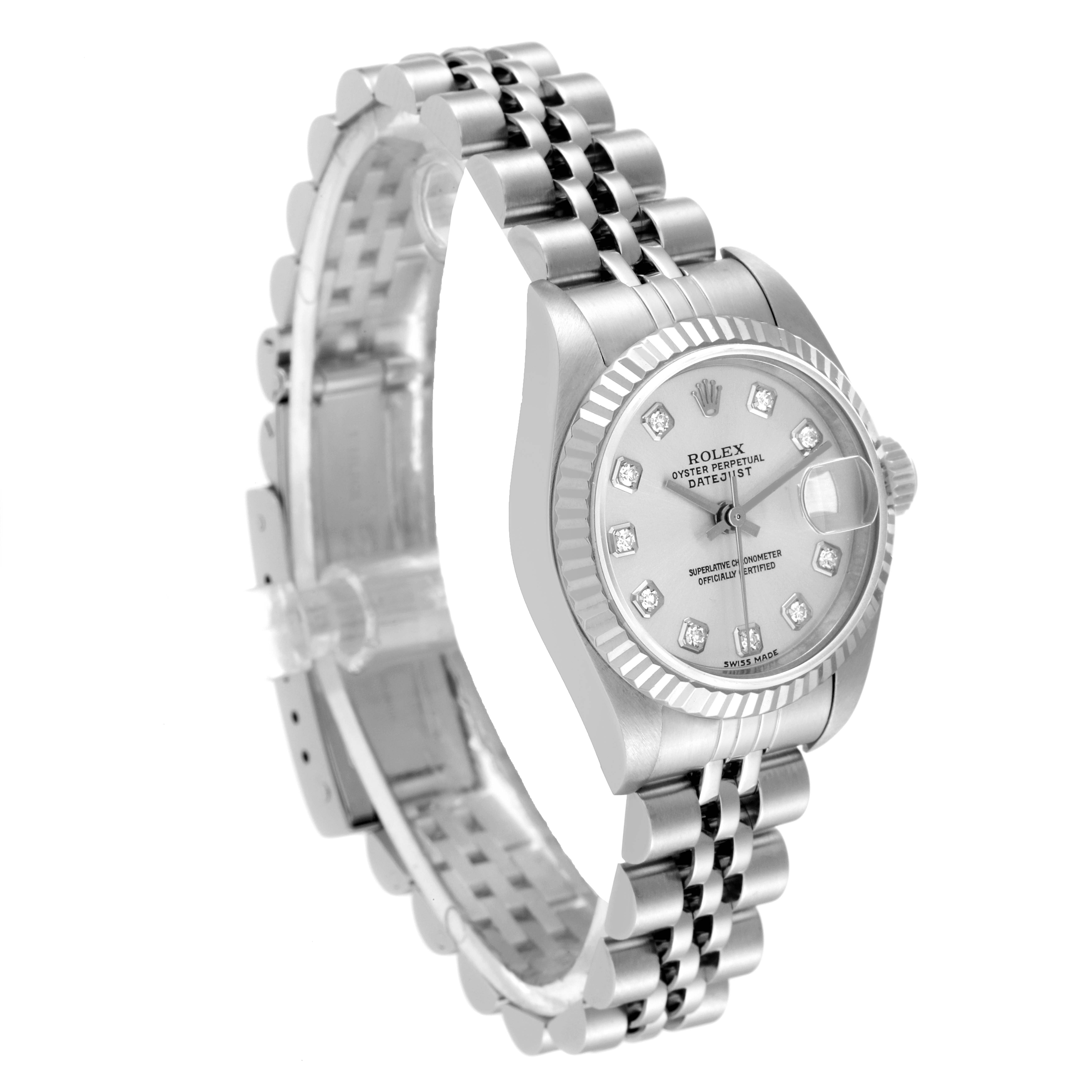 The image shows a side angle of a Rolex Datejust 79174 Women's Stainless Steel Silver Dial 79174 Women's Stainless Steel Silver Dial watch, highlighting the dial, bezel, and Jubilee bracelet.