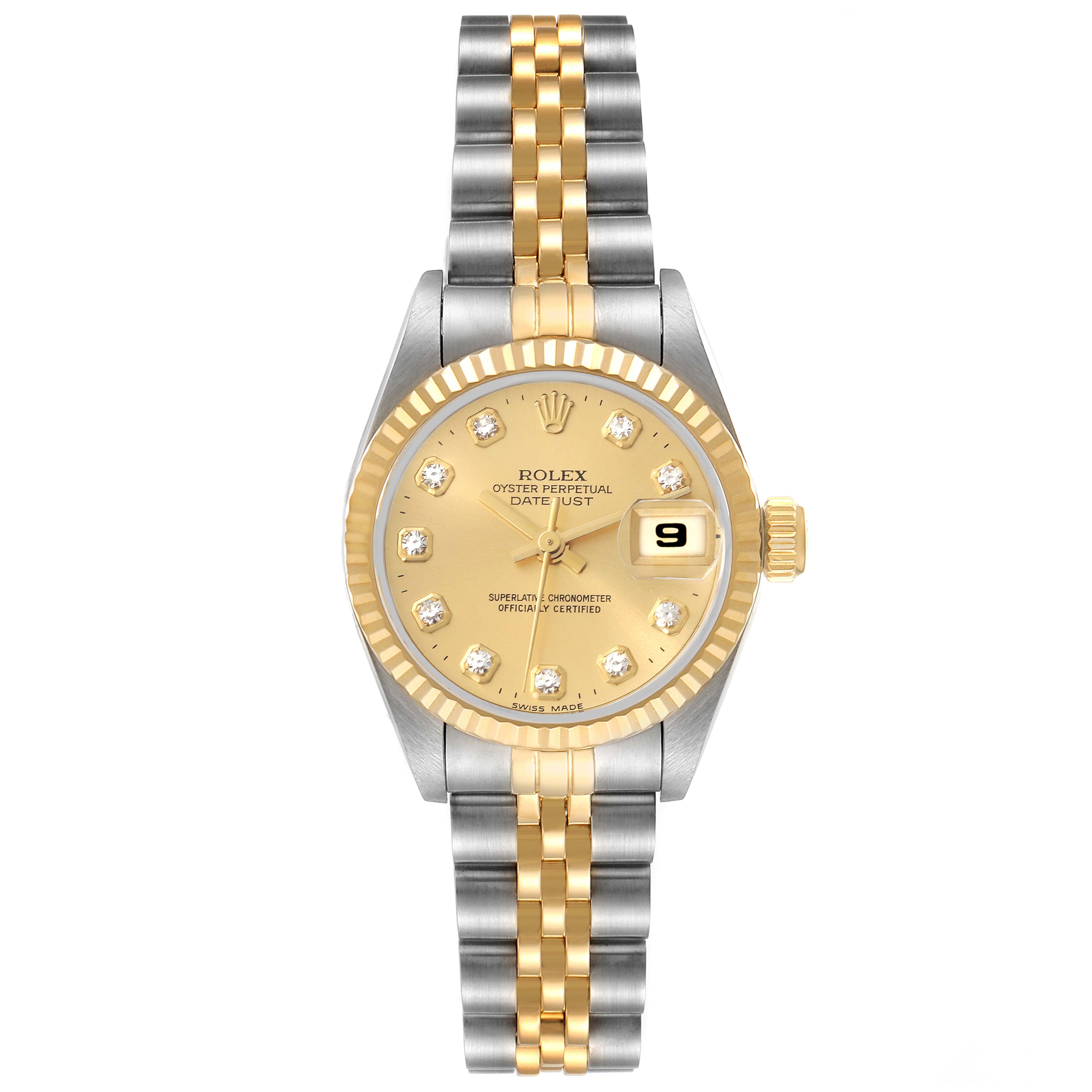 The image shows a Rolex Datejust 69173 Women's Steel and Gold (two tone) Champagne Dial 69173 Women's Steel and Gold (two tone) Champagne Dial watch from a front view, highlighting its dial, date window, and two-tone bracelet.