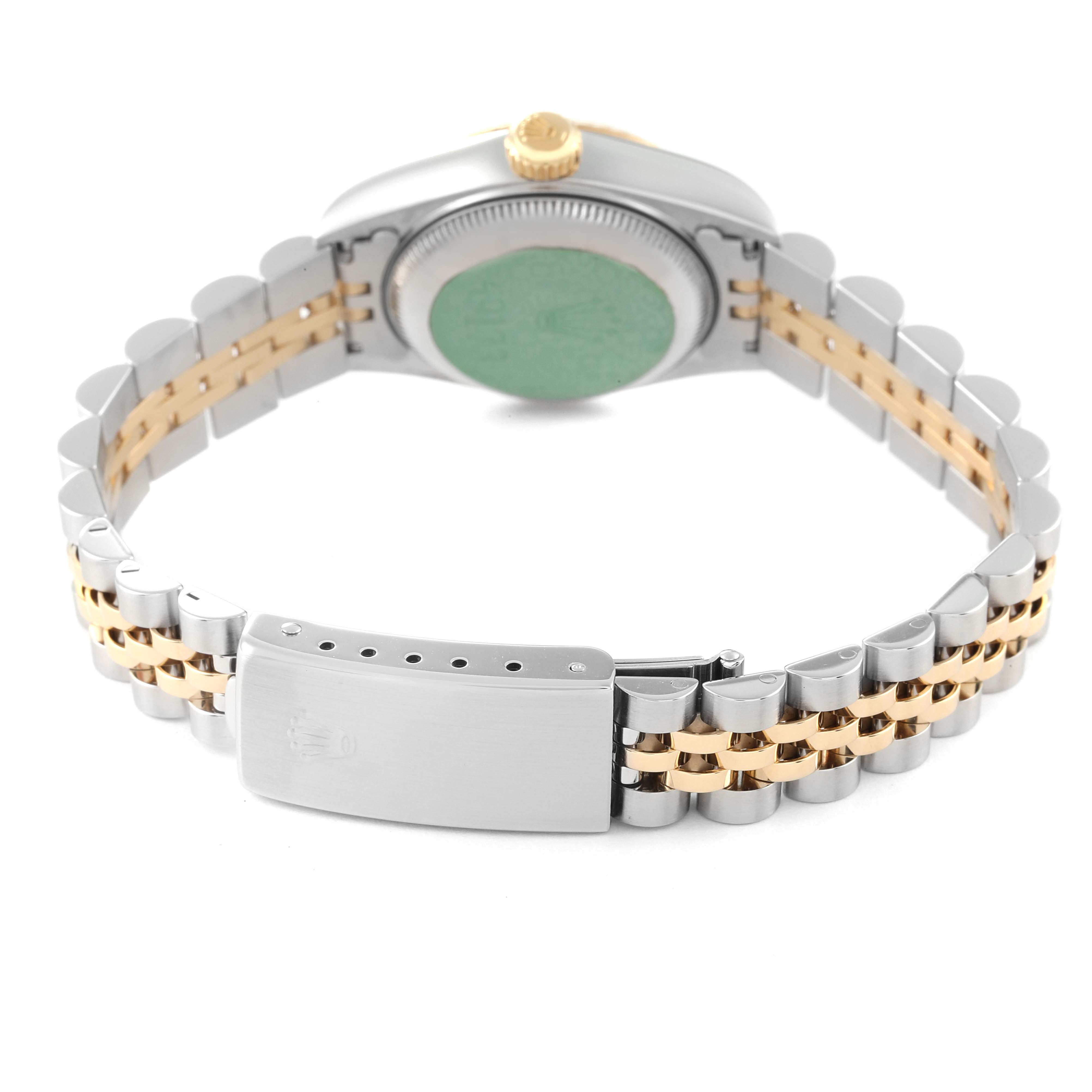 The image shows the back view of a Rolex Datejust 69173 Women's Steel and Gold (two tone) Champagne Dial 69173 Women's Steel and Gold (two tone) Champagne Dial watch focusing on the clasp and bracelet.