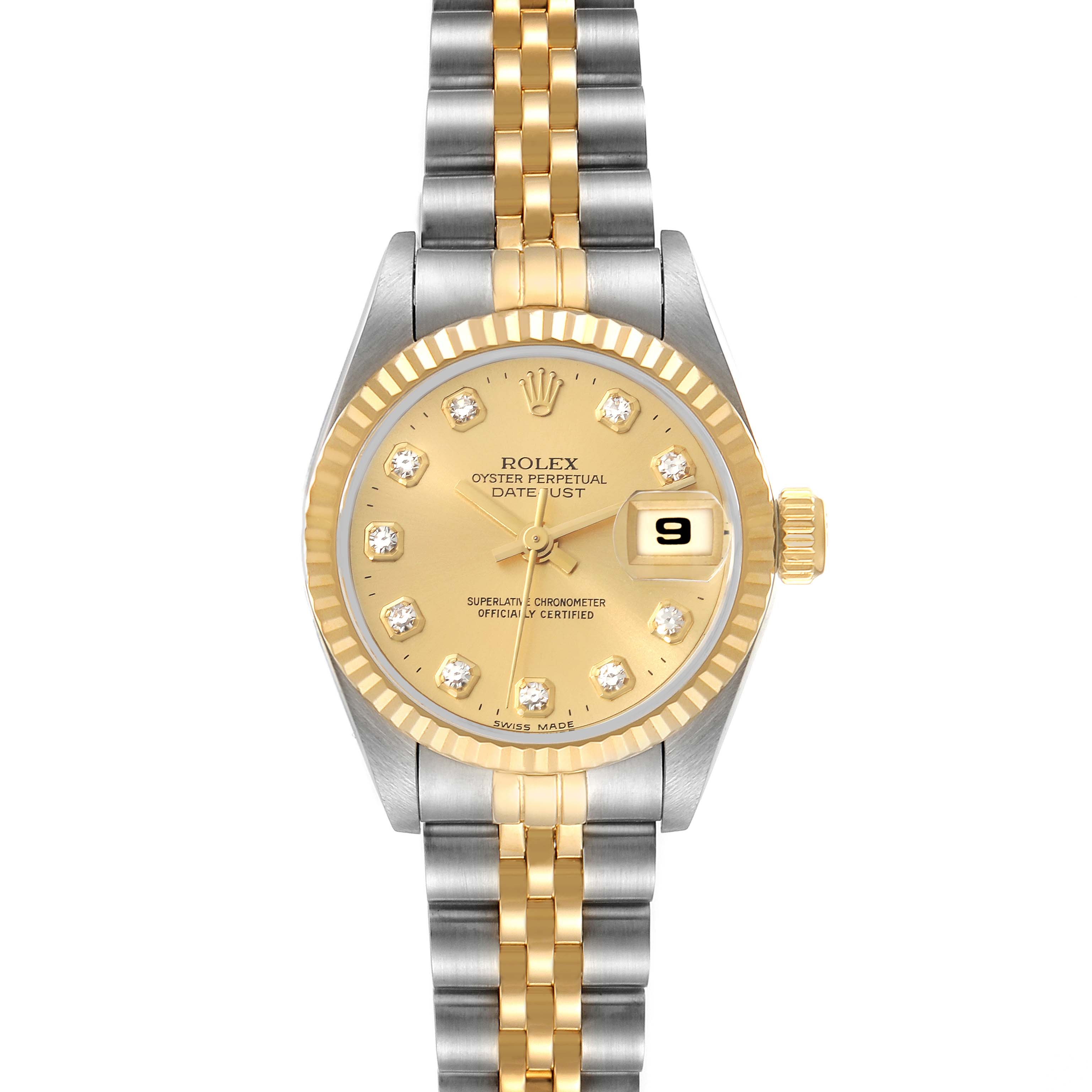 This image shows a Rolex Datejust 69173 Women's Steel and Gold (two tone) Champagne Dial 69173 Women's Steel and Gold (two tone) Champagne Dial watch from a front angle, highlighting its gold dial, fluted bezel, and two-tone bracelet.