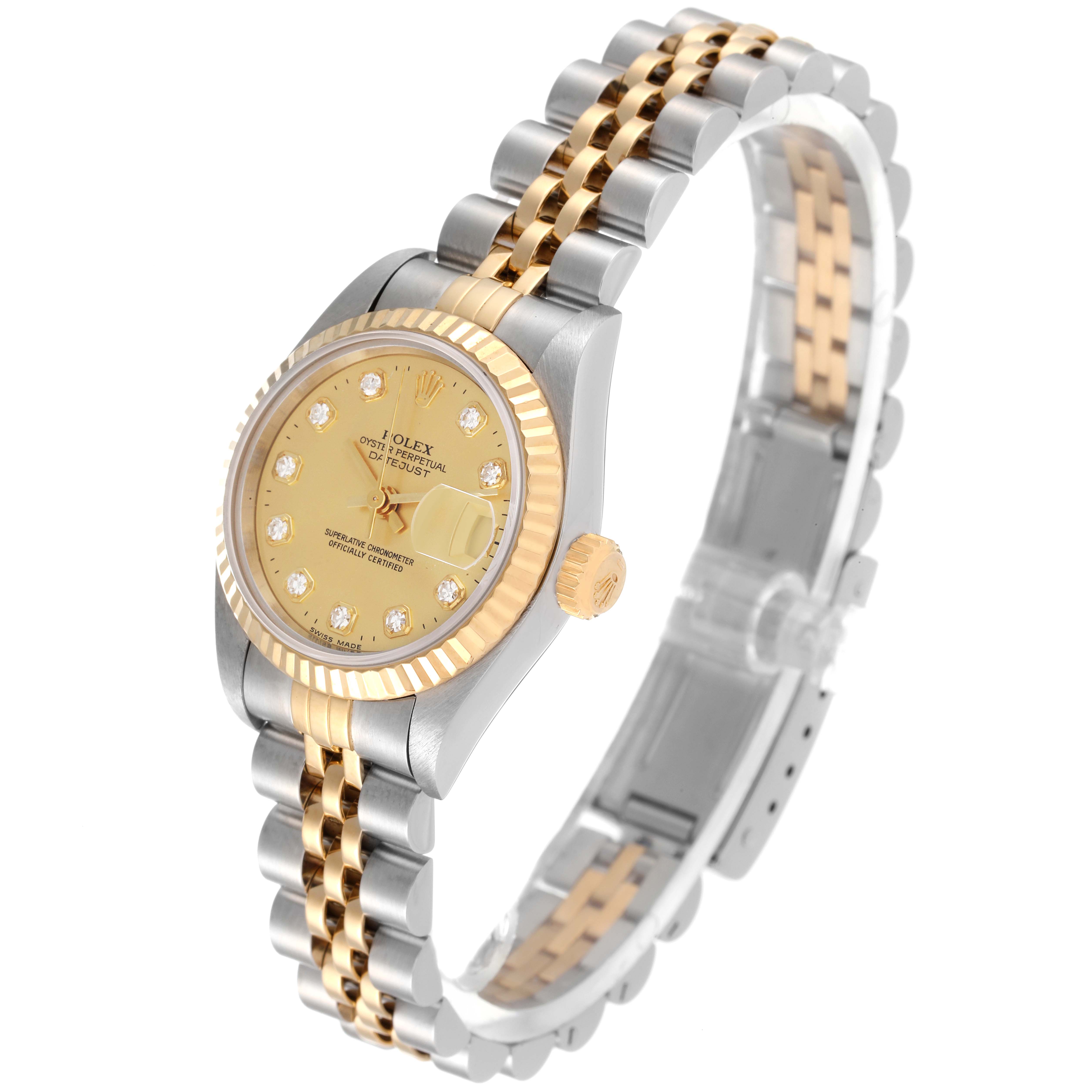 A Rolex Datejust 69173 Women's Steel and Gold (two tone) Champagne Dial 69173 Women's Steel and Gold (two tone) Champagne Dial watch shown at an angled view highlighting the face, bezel, crown, and two-tone Jubilee bracelet.