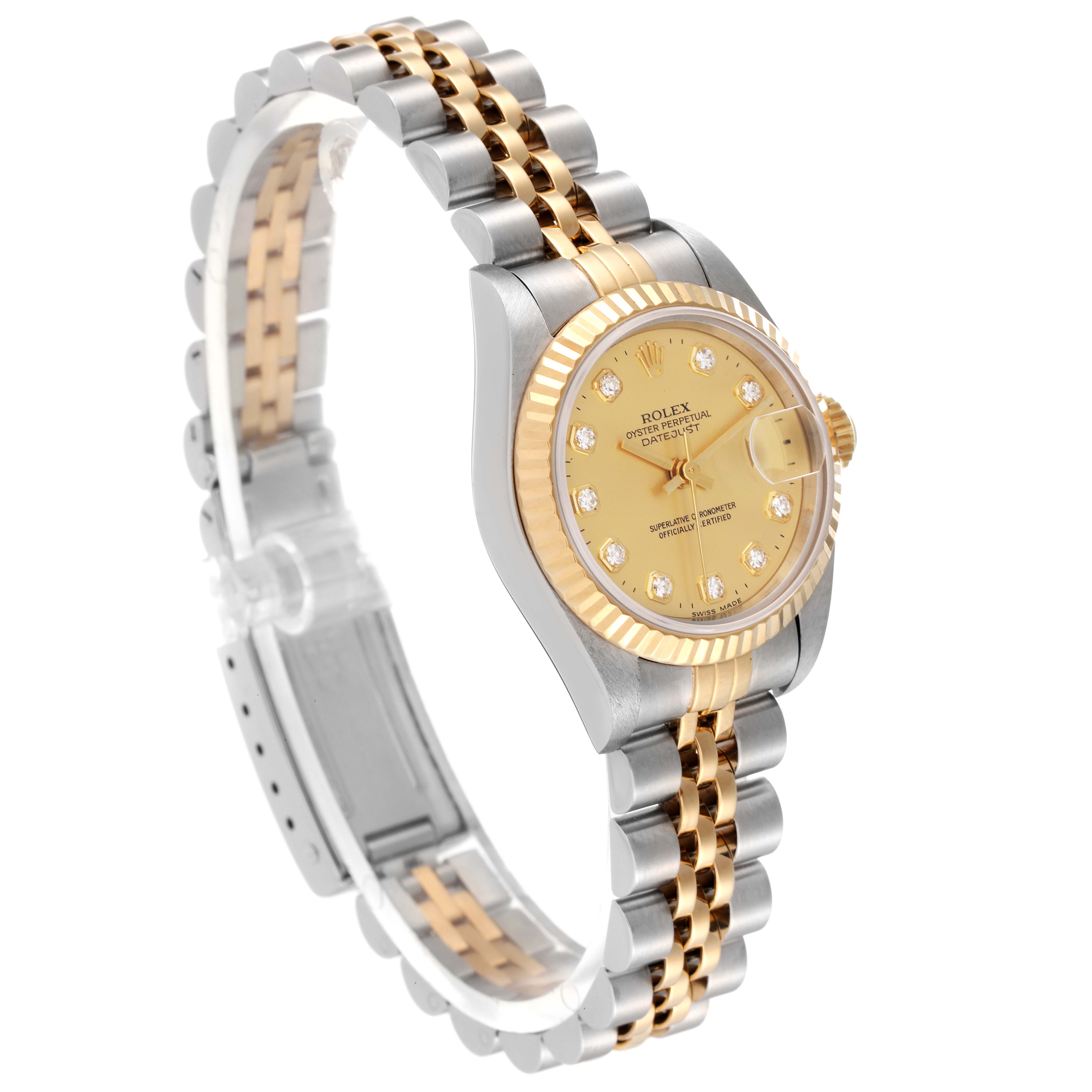 The image shows the front and side view of a Rolex Datejust 69173 Women's Steel and Gold (two tone) Champagne Dial 69173 Women's Steel and Gold (two tone) Champagne Dial watch, highlighting its gold dial and two-tone bracelet.