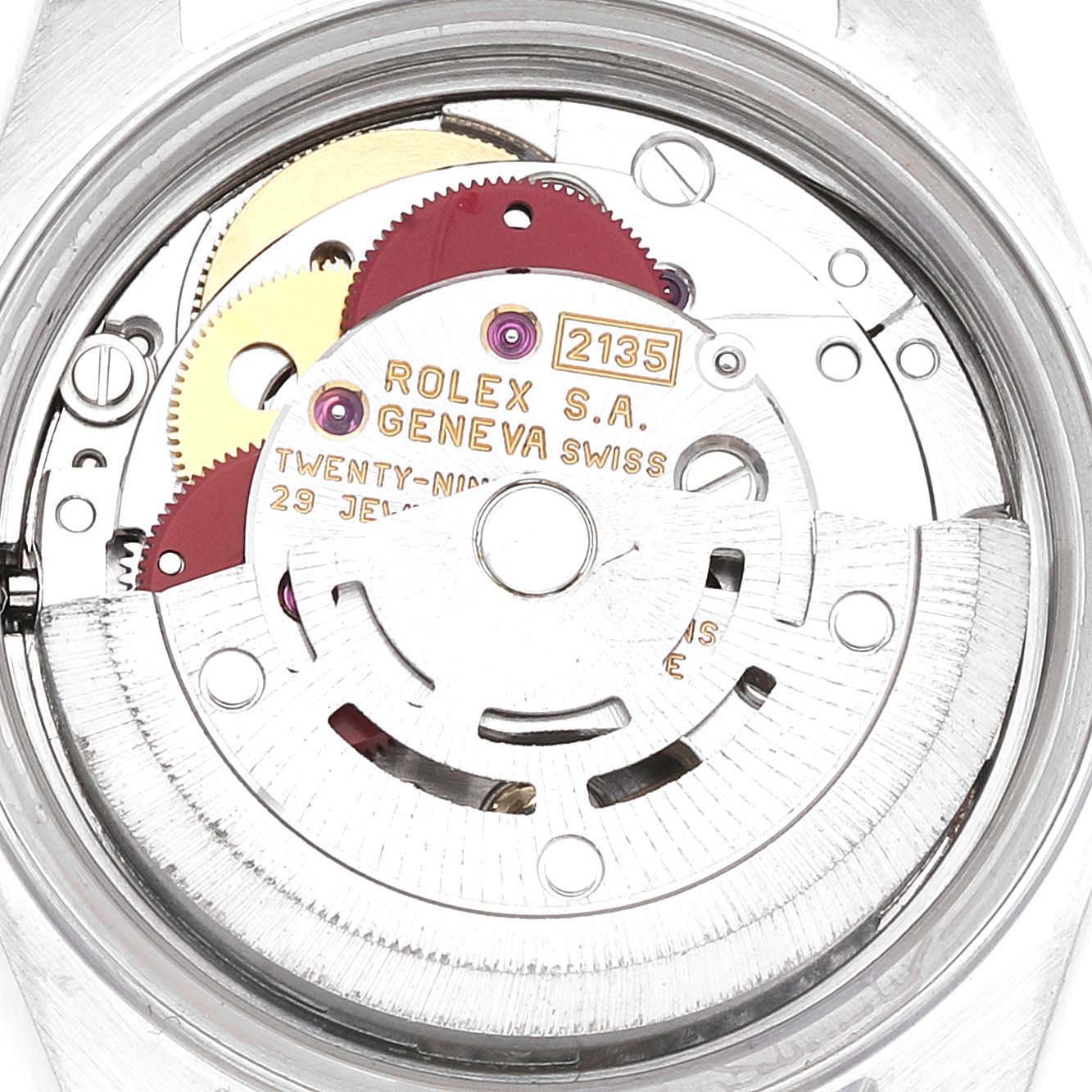 This image shows the inner mechanism and rotor of a Rolex Datejust 69173 Women's Steel and Gold (two tone) Champagne Dial 69173 Women's Steel and Gold (two tone) Champagne Dial watch at close-up.